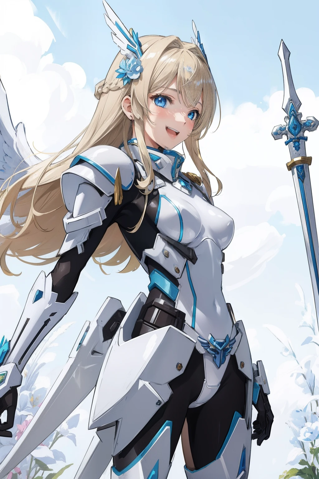 (​master piece, Best Quality),  Intricate details, valkyrie, kawaii, Happy, (((Laugh))), Villainous smile, Hand up, Looking at Viewer, Feather Headgear, Flower meadow, (((flat breast)))
1 girl in, Solo, Portrait, Plutinum Blonde Hair, drooping iceblue eyes, Silver Single Thigh, White Independent Single Sleeve, iceblue gloves, Single braid, 
 mecha musume, White bodysuit, Silver Reinforced Suit, Mini Feather Wings, iceblue pantyhose, full armor, flower decoration, equip sword,