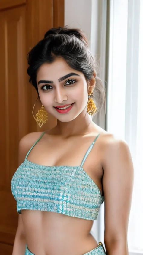 20 years old extremely beautiful brown Tamil girl (pink shirt front knot  blue skirt), (bangles earrings necklace wrist watch), enjoying in the rain,  drenched in rain, facing viewers facing camera - SeaArt AI