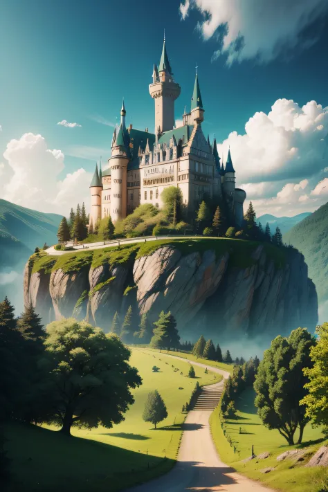 A magnificent castle in a green forest，Dramatic skies，bright sun，A winding road leads to the castle，Realisticstyle，4K