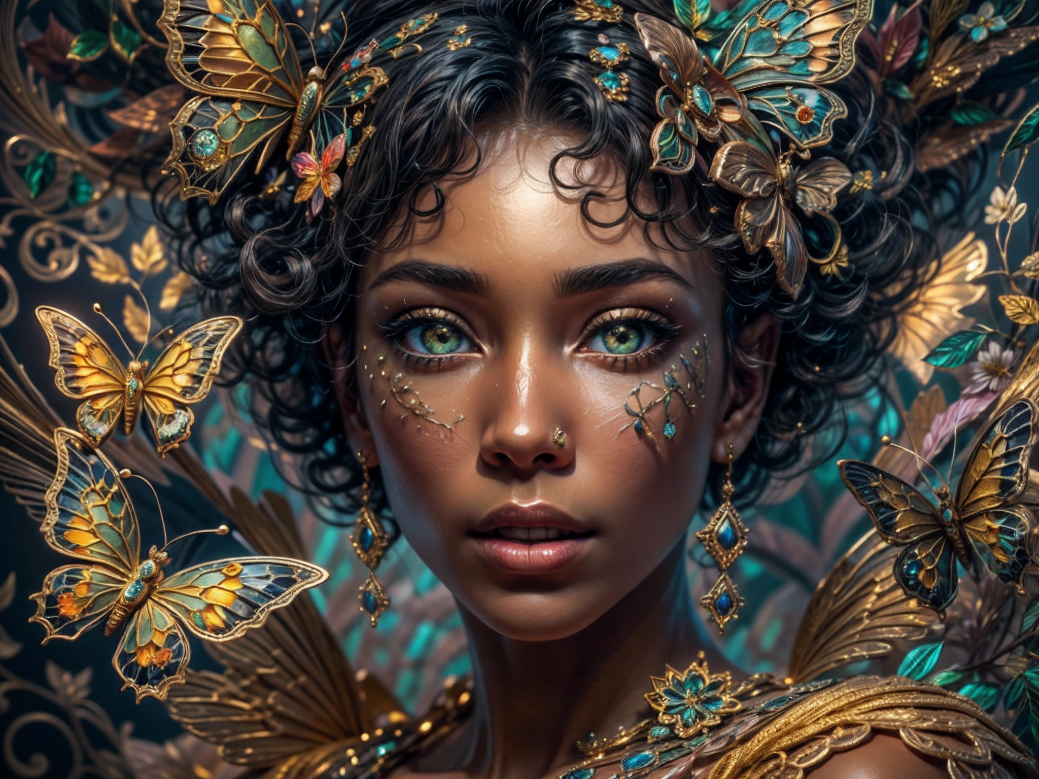 This is an elegant and ornate fantasy masterpiece with a lot of shimmer, glitter, and intricate ornate detail. Generate a petite Jamaican woman resting on a gilded and flowered garden swing at night. Her eyes are ultra-detailed with intricate realistic shading and bold, bright hues. She is a beautiful and seductive butterfly queen with stunning curly black hair, (((incredibly realistic and detailed dynamic eyes in bright colors with realistic shading))). She wears a delicate and elegant crown and a gown spun from luxurious gossamer silk and satin with subtle, intricate, and hand-embroidered bodice detailing as well as subtle floral detailing and gold silk butterfly sleeves. Her face is lovely and lonely. Include glow-in-the-dark flowers, lots of particles, highly realistic fantasy butterflies with translucent jewel-toned wings and fine detailing, and glow. The artwork is done in the style of Guviz and brings to mind masters in the genre such as trending fantasy works on Artstation and Midjourney. Camera: Utilize dynamic composition techniques to emphasize etherealness and delicate detail. The colors in this artwork are saturated, romantic, and rich.