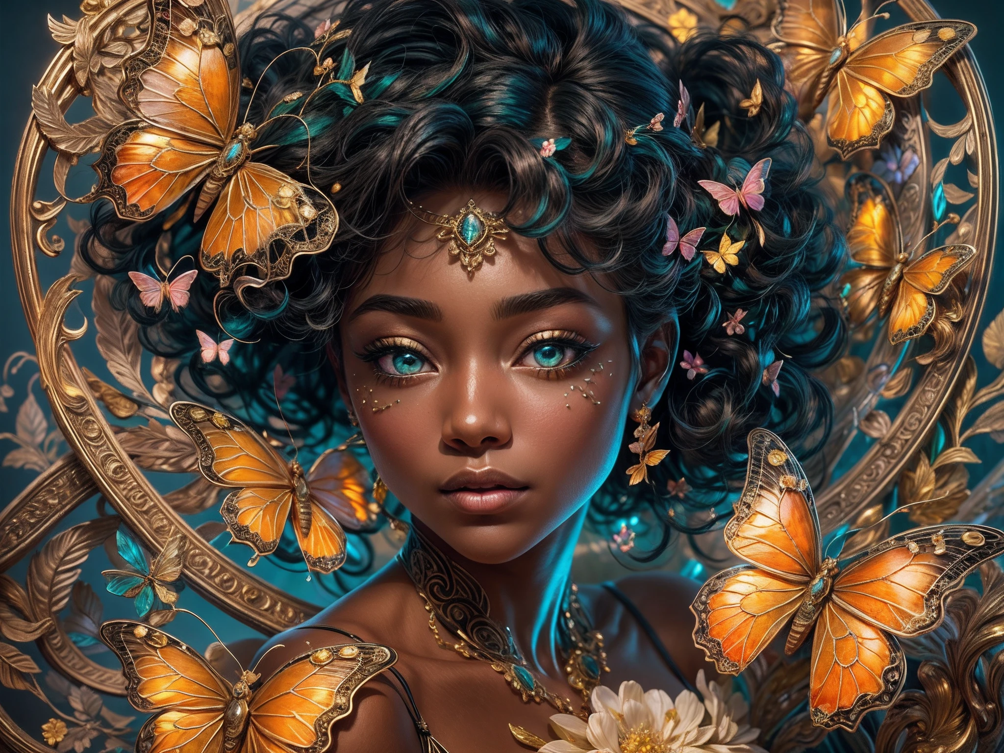 This is an elegant and ornate fantasy masterpiece with a lot of shimmer, glitter, and intricate ornate detail. Generate a  Jamaican woman resting on a gilded and flowered garden swing at night. Her eyes are ultra-detailed with intricate realistic shading and bold, bright hues. She is a beautiful and seductive butterfly queen with stunning curly black hair, (((incredibly realistic and detailed dynamic eyes in bright colors with realistic shading))). She wears a delicate and elegant crown and a gown spun from luxurious gossamer silk and satin with subtle, intricate, and hand-embroidered bodice detailing as well as subtle floral detailing and gold silk butterfly sleeves. Her face is lovely and . Include glow-in-the-dark flowers, lots of particles, highly realistic fantasy butterflies with translucent jewel-toned wings and fine detailing, and glow. The artwork is done in the style of Guviz and brings to mind masters in the genre such as trending fantasy works on Artstation and Midjourney. Camera: Utilize dynamic composition techniques to emphasize etherealness and delicate detail. The colors in this artwork are saturated, romantic, and rich.