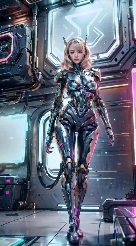 there is a woman in a futuristic suit standing in a room, Linda Chica Cyborg, Chica cyborg, Cyborg - Chica, Joven Cyborg, Hermos...