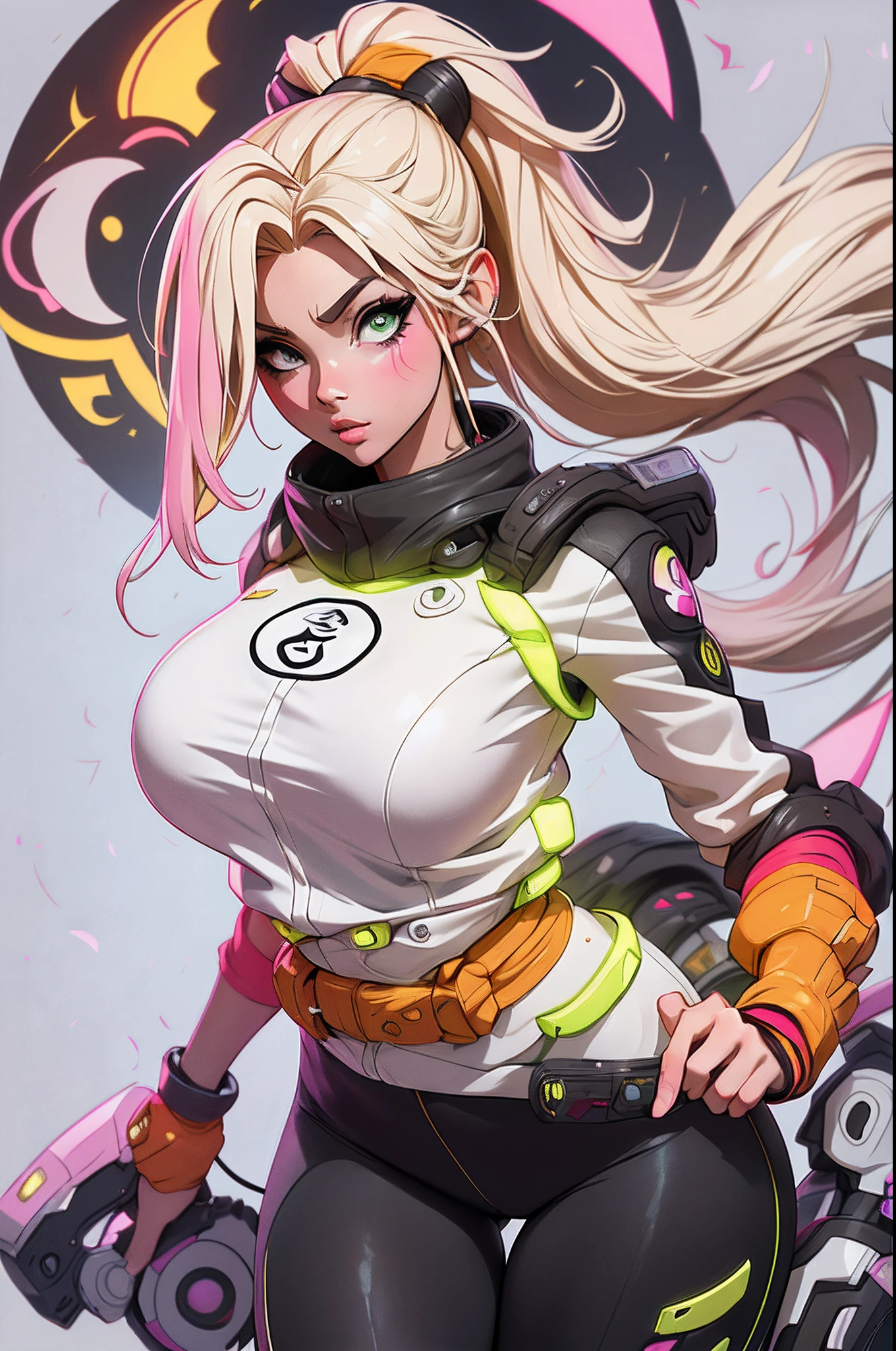 ((melhor qualidade)), ((Obra de arte)), ((Realista)) and ultra-detailed pquenteography, Tsuande, Pretty Girl Tsunade de Naruto, Bela menina, cheveux jaune clair, parti, luz neon. Ela tem ((cheveux blanc)), use um (Top Tech-Wear) e um (corda preta, padrão vermelho:1.2) , ((bonito e estético)), Sensual, seios grandes, quente, seios grandes, Kunaboto