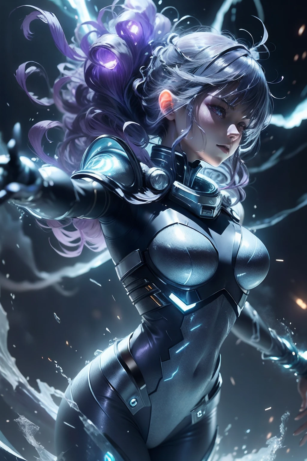 Epic anime style, Purple lightning, Evil temperament, 20-year-old armored assassin, glowing black aura, Armor supervisor, Beautuful Women。Facial, Brilliant and majestic. Beautiful standard fuselage and complete fuselage structure. Full body shot of a woman holding a lightning bolt in her hand, Epic anime about purple energy people, In a combat stance, Brunette hair and glowing eyes look at the audience. Cool and cute Jane Delo, menacing look, Hinata Toro of Gintama, Inspired by Masanobu Okumura, The originator of the anime art style, nobutaka ike, Night battles raged behind her. Maximum image quality 8K, Details everything 8K., closeup of face, s delicate face, exquisite facial features, UHD, masterpiece, super detail, high details, highres, best quality