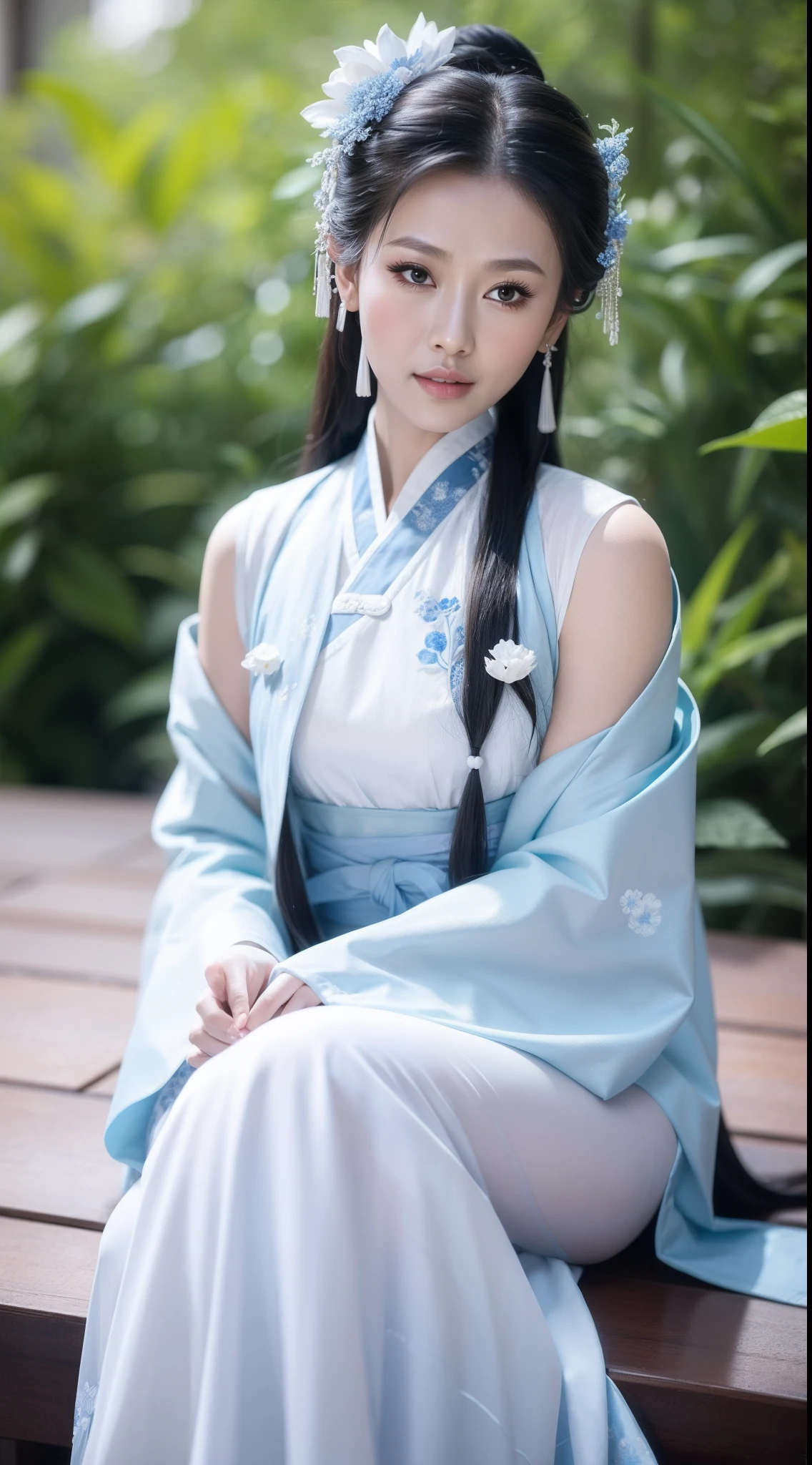 Blue and white porcelain style，Ancient Chinese clothing，The clothing is blue and white motif，ancient china art style，Fashion model 18 years old [[[[closeup cleavage]]]], [[[[boobgasm]]]], [[[[coll]]]], [[[[bshoulders]]]], perfect  eyes, Perfect iris，Perfect lips，perfect teeth，Perfect skin，with fair skin，Soft front light，hdr，Movie girl，long whitr hair，The expression was melancholy，The background is outdoor，White powder wall，Light blue flowers，4K Ultra HD, Ultra-high resolution, (Photorealistic: 1.4), Best quality，Masterpiece，Utra dilution，（pastel colour：1.2）