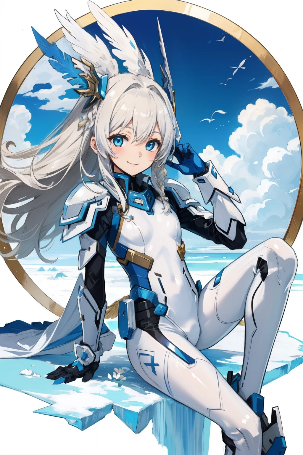 (​master piece, Best Quality),  Intricate details, valkyrie, kawaii, (((smile))), Hand up, Looking at Viewer, Feather Headgear, Flower meadow, (((flat breast)))  Above the clouds, sitting
1 girl in, Solo, Portrait, Plutinum Blonde Hair, drooping iceblue eyes, Silver Single Thigh, White Independent Single Sleeve, iceblue gloves, Single braid, 
 mecha musume, White bodysuit, Silver Reinforced Suit, Mini Feather Wings, iceblue pantyhose, full armor, flower decoration, equip sword,