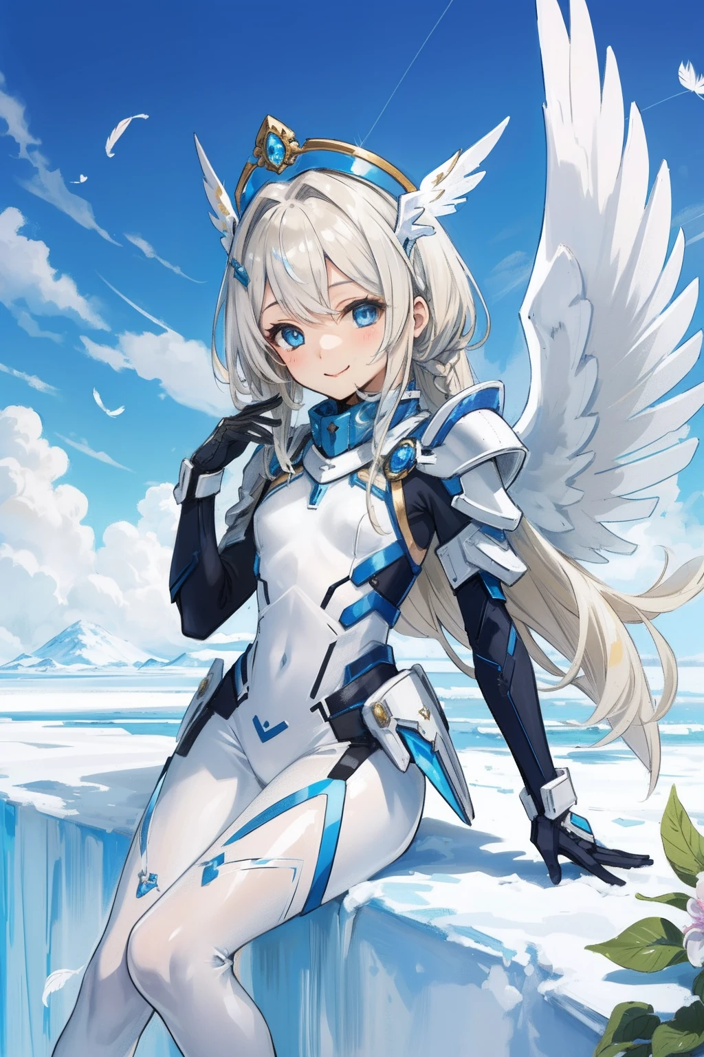 (​master piece, Best Quality),  Intricate details, valkyrie, kawaii, (((smile))), Hand up, Looking at Viewer, Feather Headgear, Flower meadow, (((flat breast)))  on top of the clouds, sitting
1 girl in, Solo, Portrait, Plutinum Blonde Hair, drooping iceblue eyes, Silver Single Thigh, White Independent Single Sleeve, iceblue gloves, Single braid, 
 mecha musume, White bodysuit, Silver Reinforced Suit, Mini Feather Wings, iceblue pantyhose, full armor, flower decoration, equip sword,