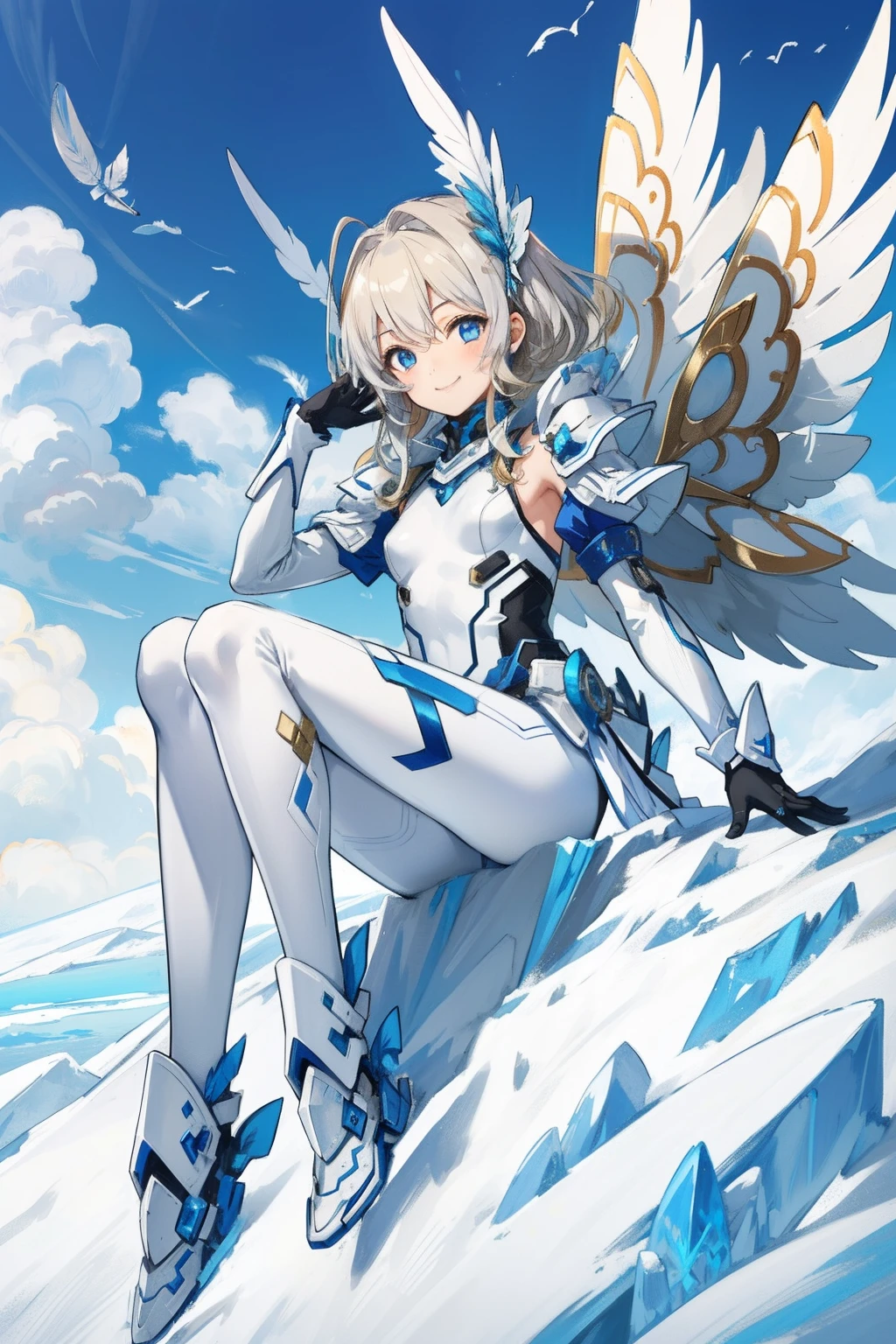 (​master piece, Best Quality),  Intricate details, valkyrie, kawaii, (((smile))), Hand up, Looking at Viewer, Feather Headgear, Flower meadow, (((flat breast)))  on top of the clouds, sitting
1 girl in, Solo, Portrait, Plutinum Blonde Hair, drooping iceblue eyes, Silver Single Thigh, White Independent Single Sleeve, iceblue gloves, Single braid, 
 mecha musume, White bodysuit, Silver Reinforced Suit, Mini Feather Wings, iceblue pantyhose, full armor, flower decoration, equip sword,