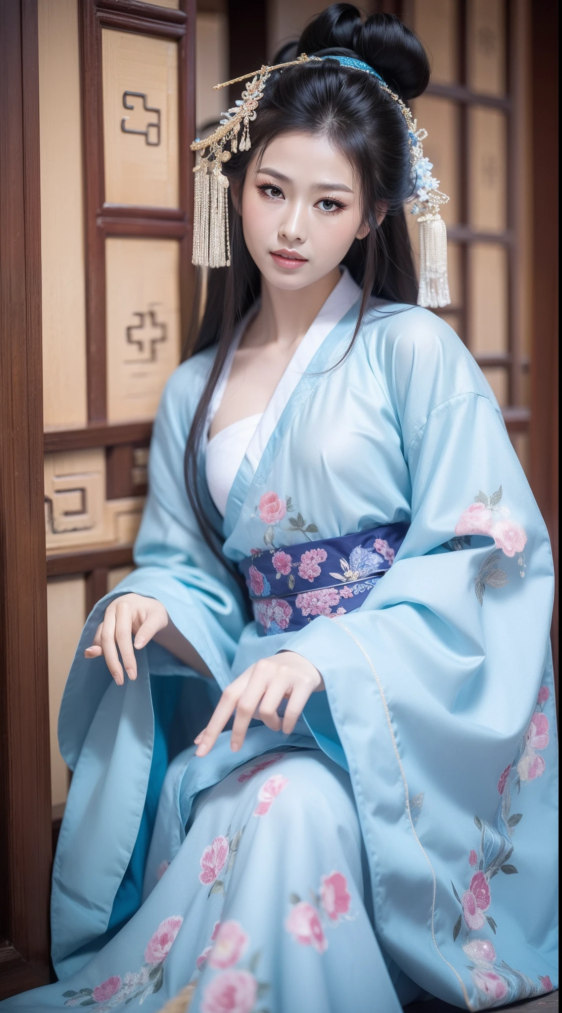Ancient Chinese clothing，The clothing is floral motifs，ancient china art style，Fashion model 18 years old [[[[closeup cleavage]]]], [[[[boobgasm]]]], [[[[coll]]]], [[[[bshoulders]]]], perfect  eyes, Perfect iris，Perfect lips，perfect teeth，Perfect skin，with fair skin，Soft front light，hdr，Movie girl，long whitr hair，The expression was melancholy，The background is outdoor，Light blue flowers，4K Ultra HD, Ultra-high resolution, (Photorealistic: 1.4), Best quality，Masterpiece，Utra dilution，（pastel colour：1.2）