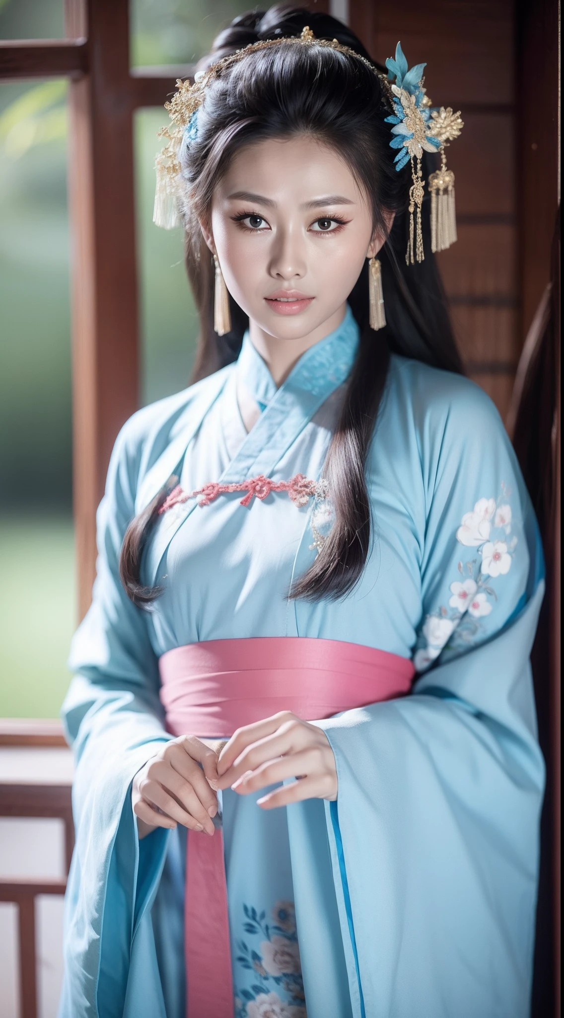 Ancient Chinese clothing，The clothing is floral motifs，ancient china art style，Fashion model 18 years old [[[[closeup cleavage]]]], [[[[boobgasm]]]], [[[[coll]]]], [[[[bshoulders]]]], perfect  eyes, Perfect iris，Perfect lips，perfect teeth，Perfect skin，with fair skin，Soft front light，hdr，Movie girl，long whitr hair，The expression was melancholy，The background is outdoor，Light blue flowers，4K Ultra HD, Ultra-high resolution, (Photorealistic: 1.4), Best quality，Masterpiece，Utra dilution，（pastel colour：1.2）