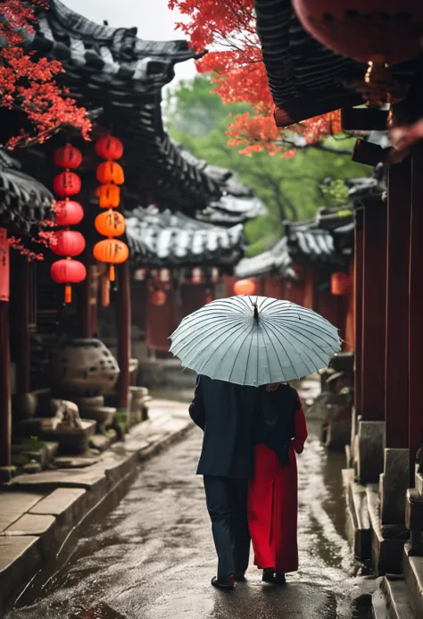 Couples in suits walking affectionately with umbrellas through hanok buildings with the sun shining faintly through the raindrops on a spring day