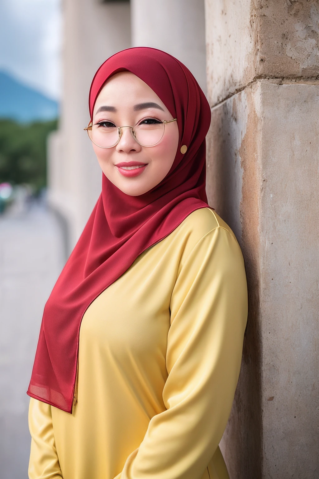 A close up of a woman wearing a red and yellow hijab - SeaArt AI