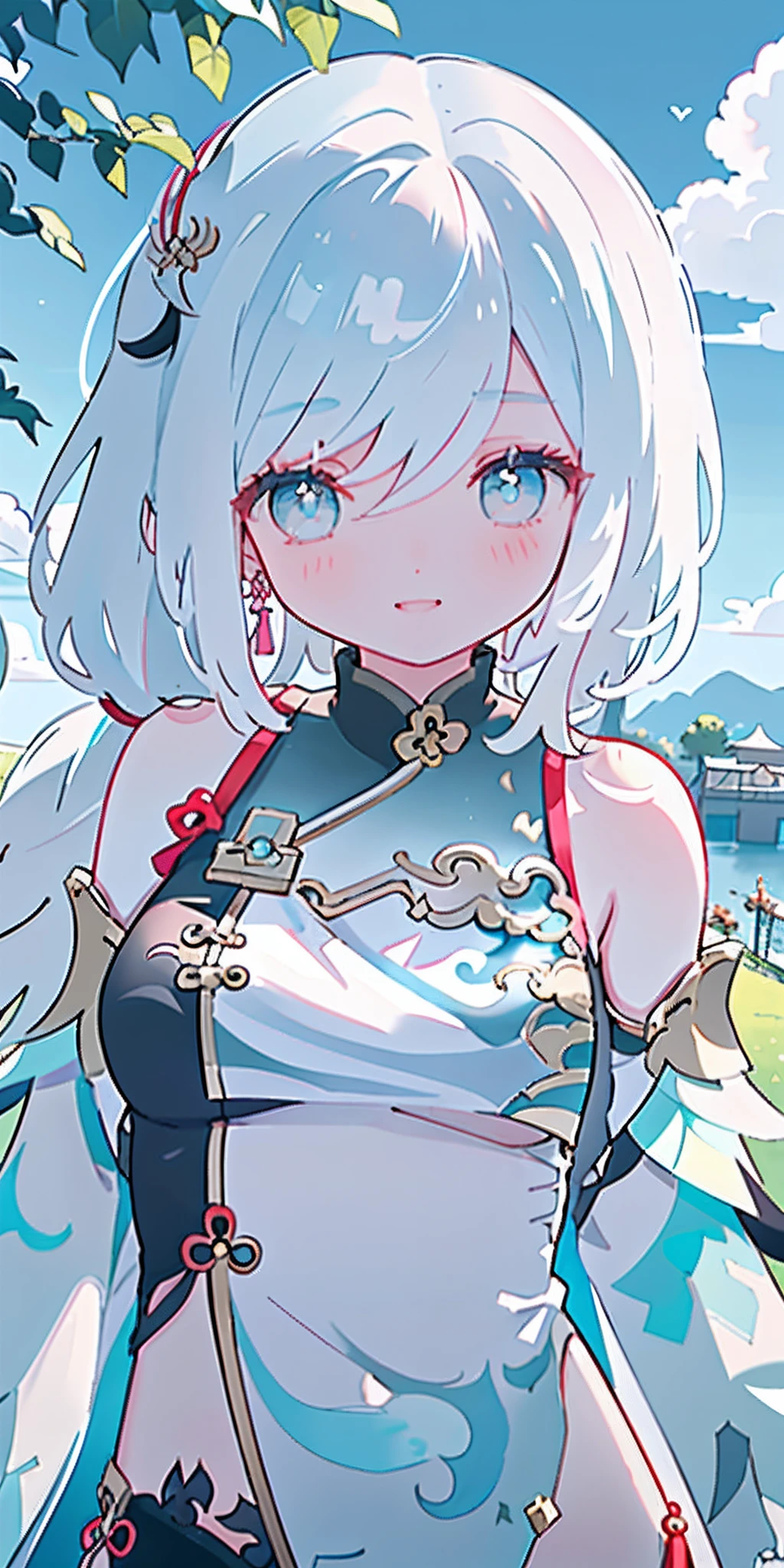 Anime girl with white hair and blue eyes standing in front of a lake -  SeaArt AI