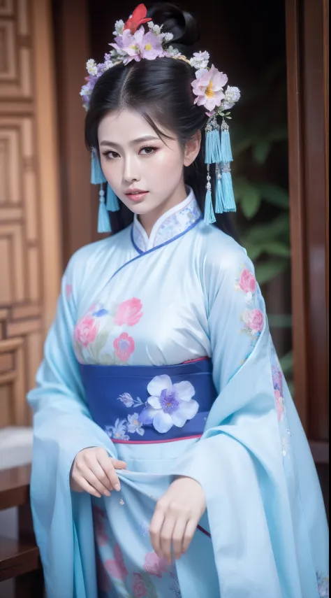 Ancient Chinese clothing，The clothing is floral motifs，ancient china art style，Fashion model 18 years old [[[[closeup cleavage]]...