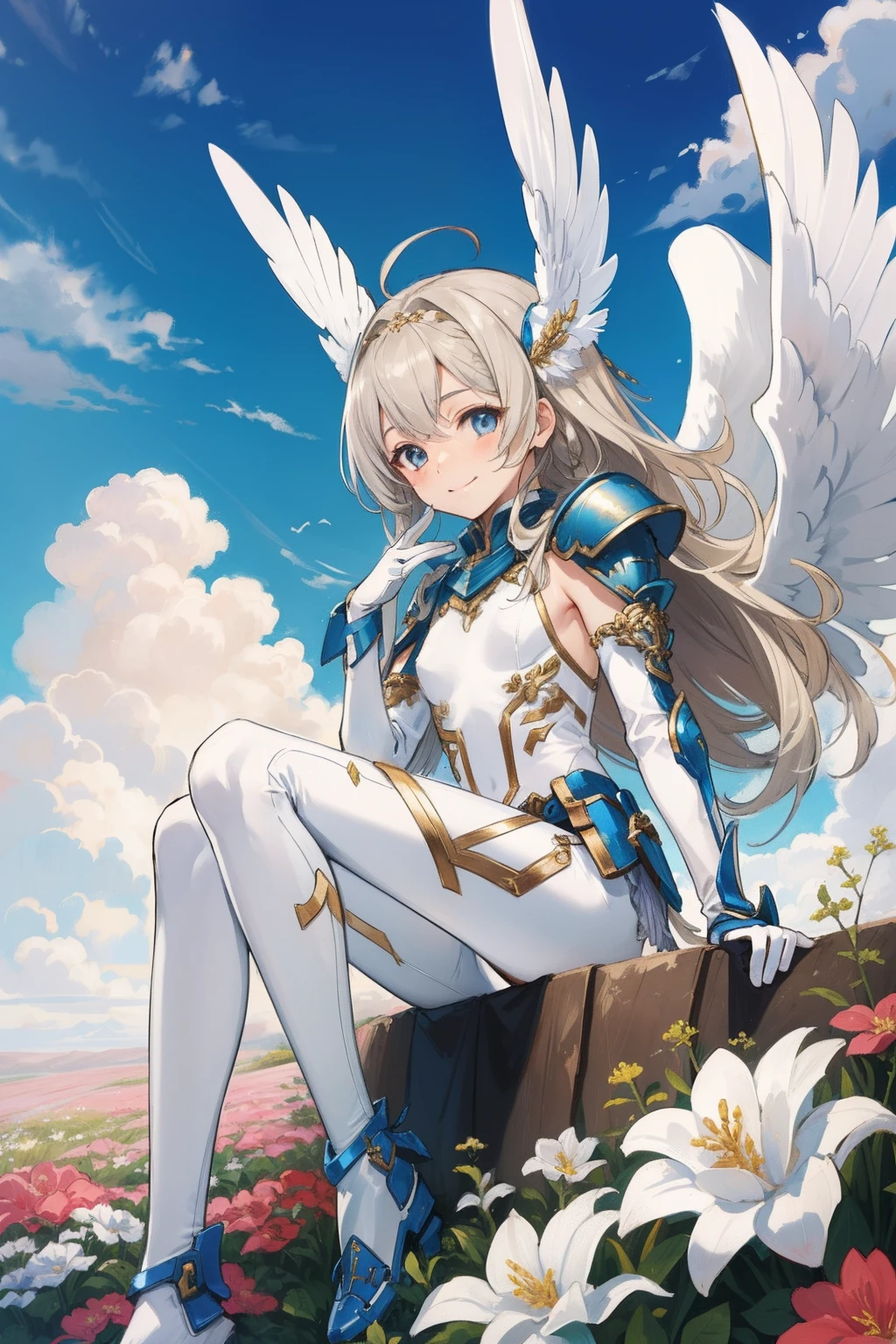 (​master piece, Best Quality),  Intricate details, valkyrie, (((friendly smile))), Hand up, Looking at Viewer, Feather Headgear, Flower meadow, (((flat breast)))  on top of the clouds, sitting
1 girl in, Solo, Portrait, ash Blonde Hair, drooping  eyes, Silver Single Thigh, White Independent Single Sleeve, gloves, Single braid, 
 mecha musume, White bodysuit, Silver Reinforced Suit, Mini Feather Wings, pantyhose, full armor, flower decoration, equip sword,