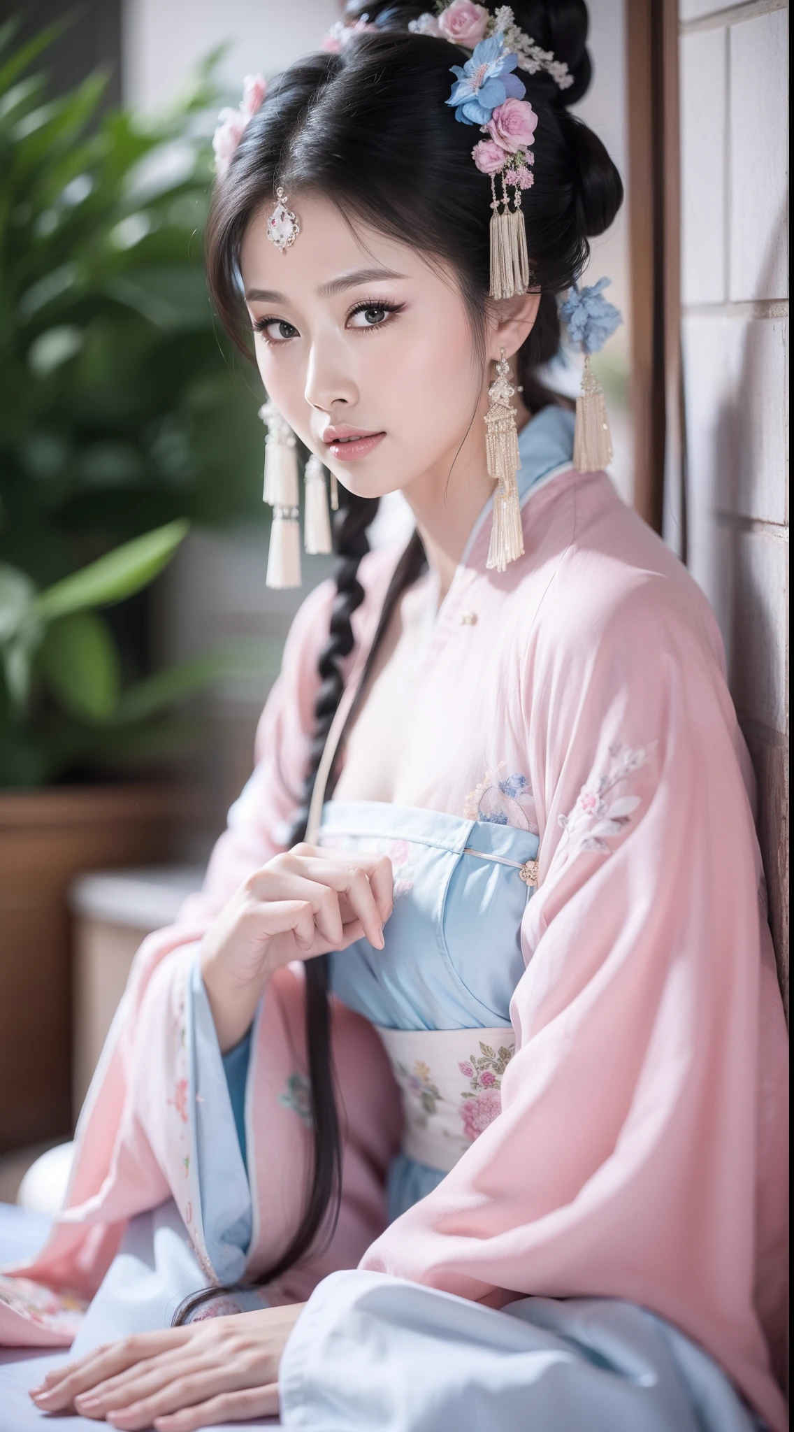 roupas chinesas antigas，roupa branca，A roupa é um padrão floral rosa，estilo de arte da china antiga，Modelo de moda de 18 anos [[[[decote em close]]]], [[[[boobgasmo]]]], [[[[colar]]]], [[[[ombros]]]], olhos perfeitos, Íris perfeita，lábios perfeitos，dentes perfeitos，pele perfeita，com pele clara，luz frontal suave，hdr，Garota do filme，cabelo longo e branco，A expressão era melancólica，O fundo é ao ar livre，Flores azuis claras，4k ultra HD, resolução ultra-alta, (fotorrealista: 1.4), melhor qualidade，Obra de arte，Diluição ultra，（cor pastel：1.2）
