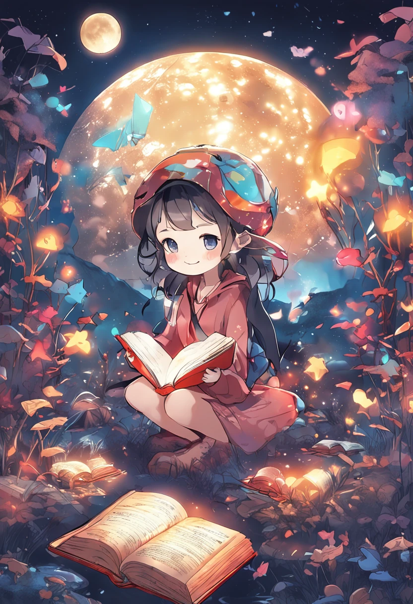 A girl sitting on the ground reading a book in front of a full moon -  SeaArt AI