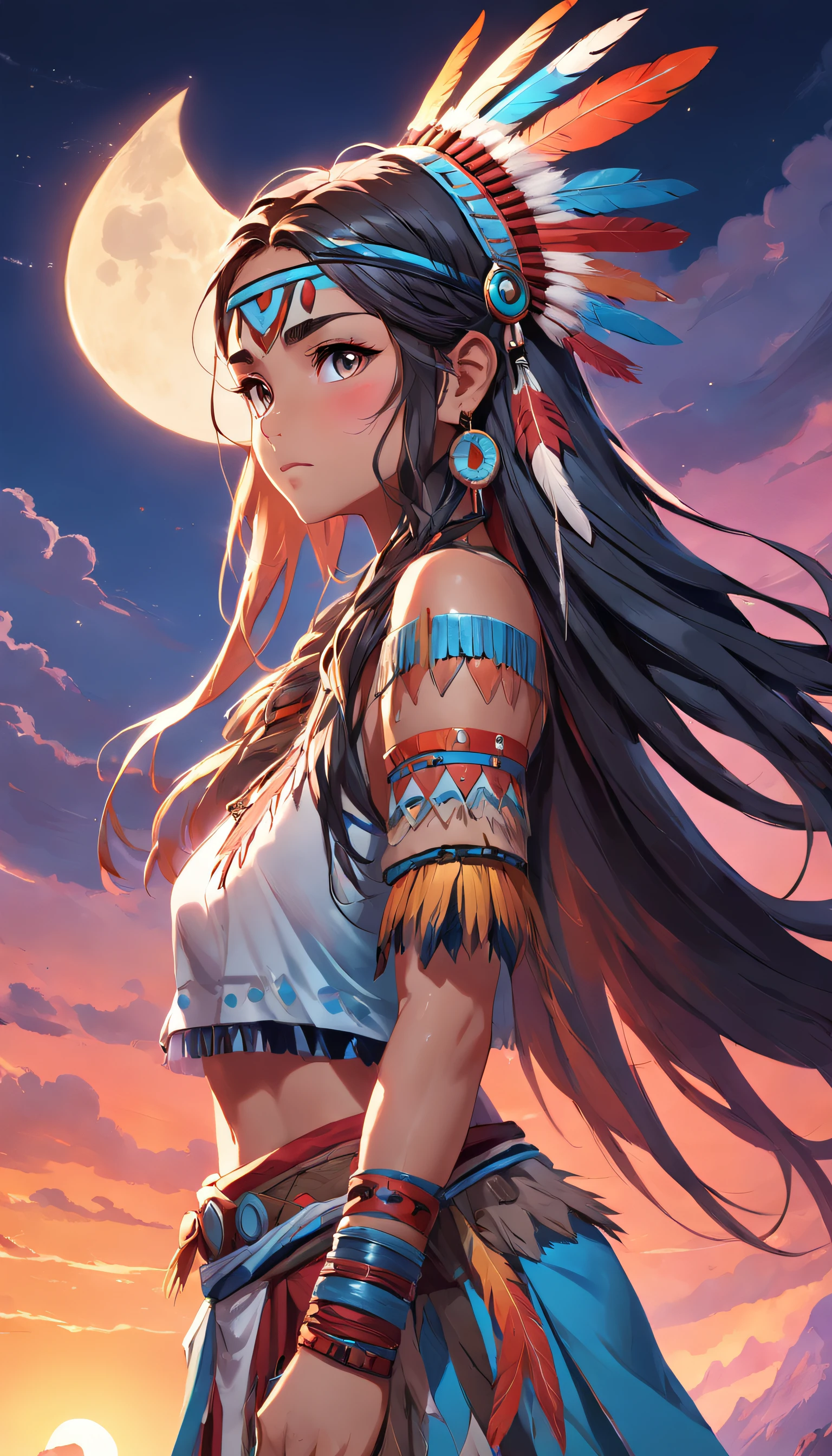 (Full body posing:1.5), (colorful:1.2), Dynamic angle, (extremely detailed CG unity 16k wallpaper:1.1), (Denoising strength: 1.45), (tmasterpiece:1.37), An American Indian warrior young and beautiful lady, 黑The eye, Light American Indian makeup, American Indian tattoo wearing feathered American Indian colored headband ، braid hair, Accessories, Colorful background, the sunset, On horseback, god rays, sparkle, glowing light