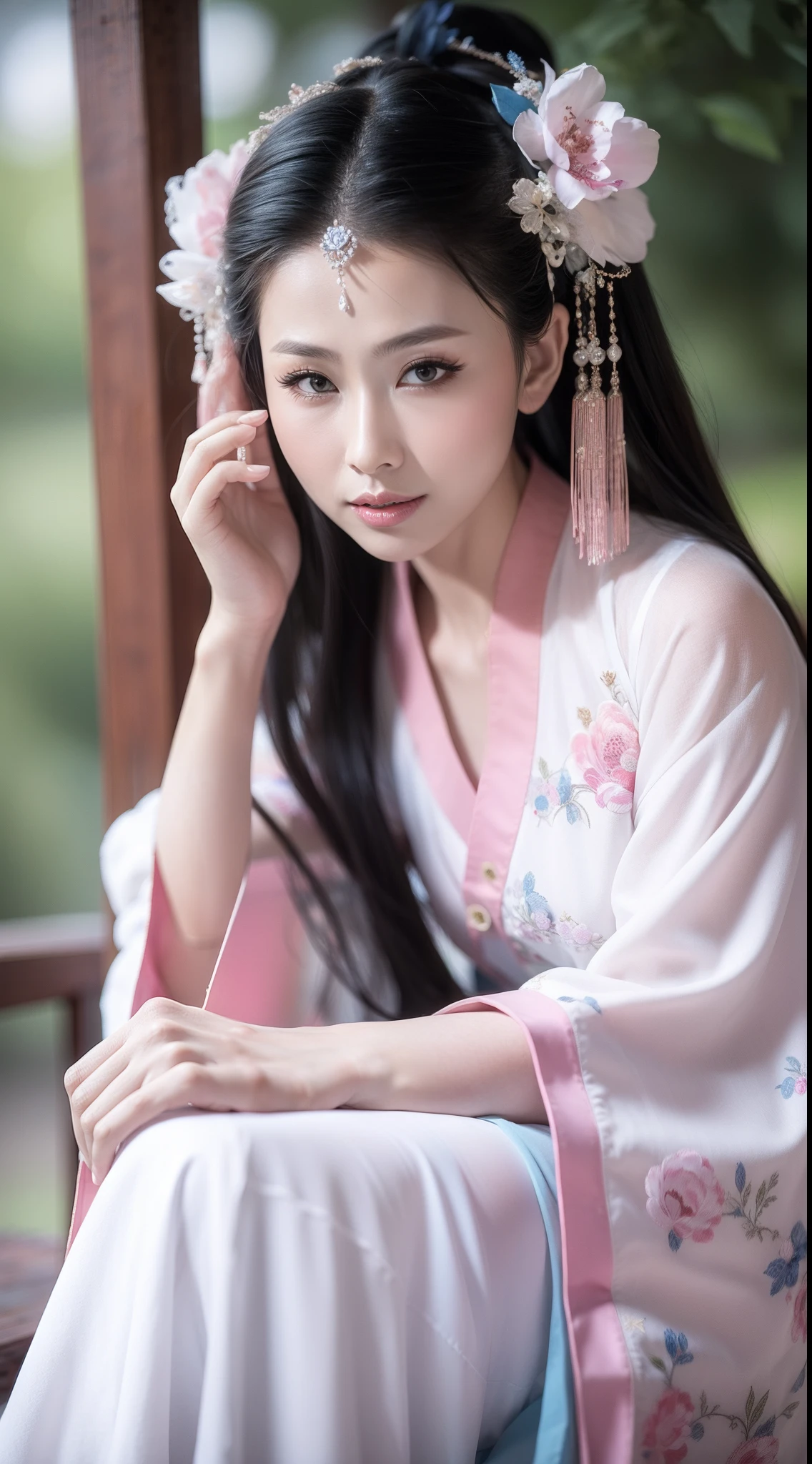 Ancient Chinese clothing，white apparel，The garment is a pink floral pattern，ancient china art style，Fashion model 18 years old [[[[closeup cleavage]]]], [[[[boobgasm]]]], [[[[coll]]]], [[[[bshoulders]]]], perfect  eyes, Perfect iris，Perfect lips，perfect teeth，Perfect skin，with fair skin，Soft front light，hdr，Movie girl，long whitr hair，The expression was melancholy，The background is outdoor，Light blue flowers，4K Ultra HD, Ultra-high resolution, (Photorealistic: 1.4), Best quality，Masterpiece，Utra dilution，（pastel colour：1.2）