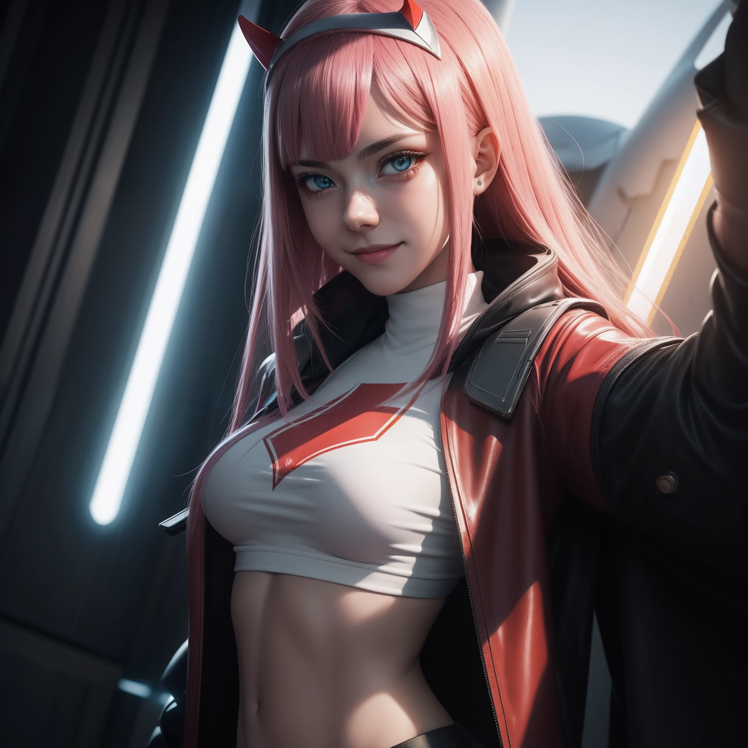 ((Zero Two Darling en el Franxx)), 8k, Obra maestra, smile to camera, La mejor calidad, fotorrealista, Ultra detallado, 1 girl, textura realista de la piel, senos grandes, Mira hacia el espectador, , Camiseta suelta medio corte,, Underboobs, Underboobs, Micro mini falda, , movie lighting, Enfoque facial, Ojos delgados, Cara detallada, Cara bien iluminada, Rayos, Baile Cyberpunk, Low-angle shot, Vista desde abajo