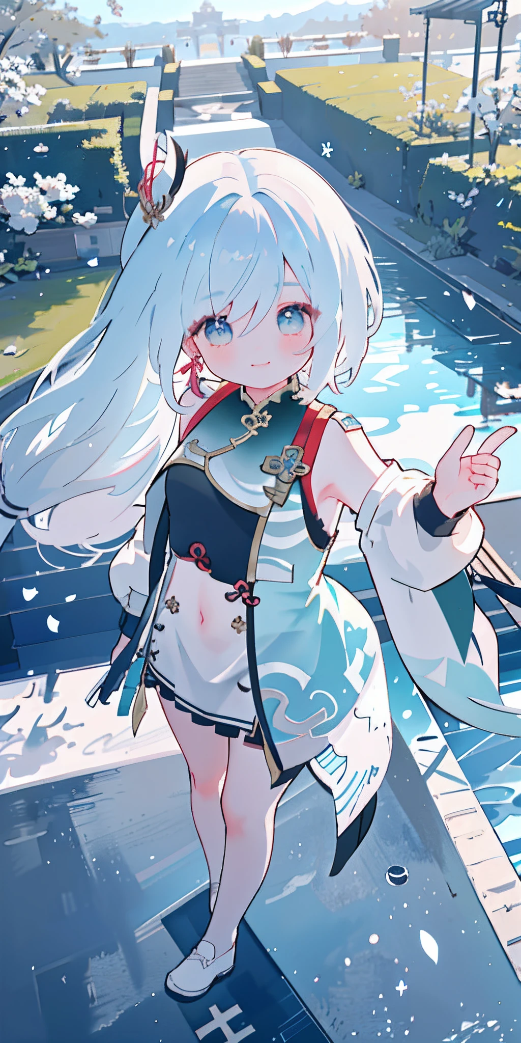 Anime girl with white hair and blue eyes standing in front of a pool -  SeaArt AI