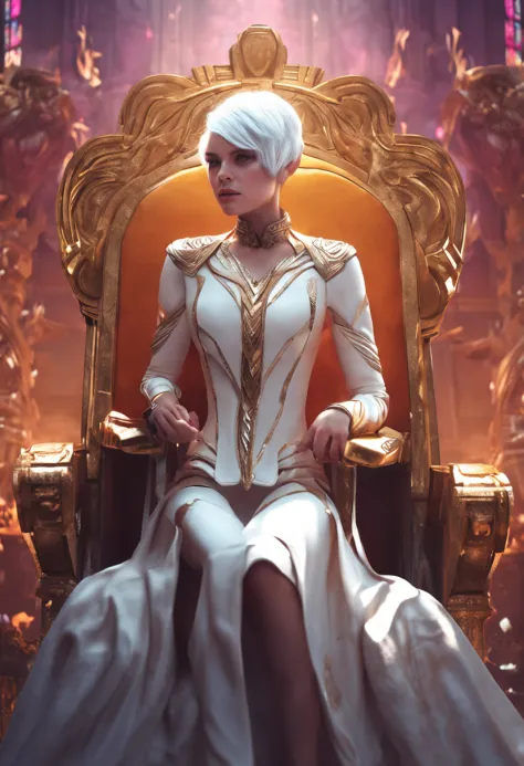 Girl, 20 years old, a white short hair, sitting on a throne, inspired on Diana from League Of Legends