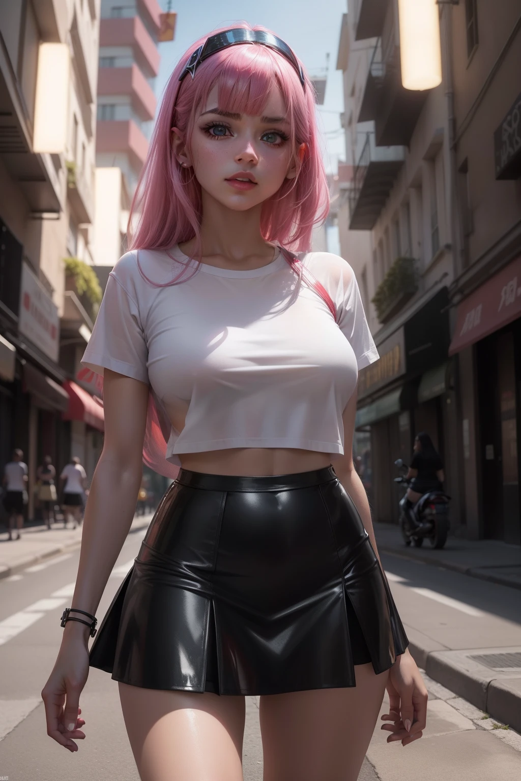 Zero Two Darling en el Franxx, 1 girl in, Underboob, Small semi-transparent black lid, grandes pechos, pezones rosa erigidos , se muerde el labio inferior, Camiseta suelta de medio corte,, Underboobs, debajo de los senos, Micro mini falda, Pose De conejito, Pose sexy, vista desde abajo, (((Black skirt micro mini latex))) , falta metida en su culo,  medias y portaligas, cuerpo perfecto, Vemos su delgado y ajustado, mojado, cabello rosado, she is on a street Light Day Cyberpunk City, 8k, piel real, realystic, HDR, Ultra Resolution, fugas de luz, movie lighting, enfoque facial, ojos finos, Cara detallada, Cara bien iluminada, Rayos de sol