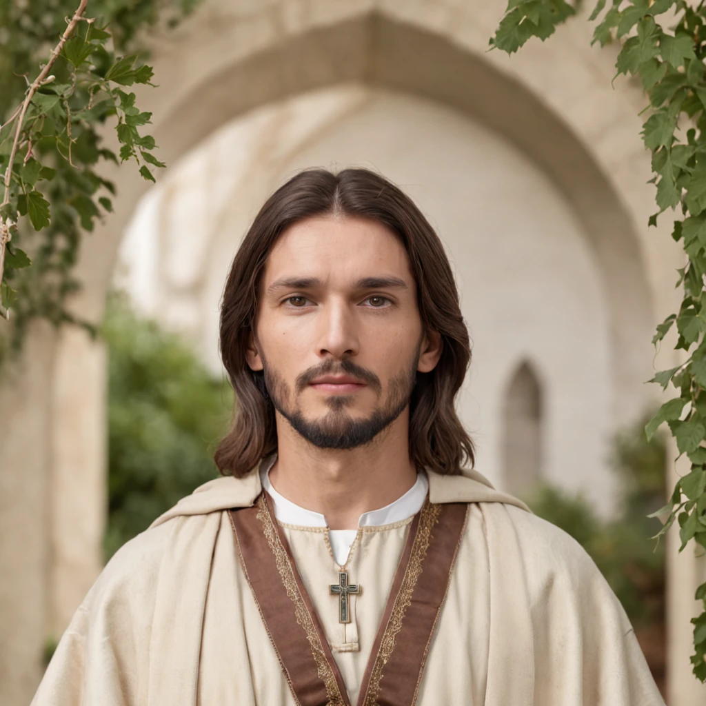 Jesus Christ, serene, head facing forward, looking forward, in the center, standing, wearing beige sacred robe with crucifix hanging around his neck, brown hair, green eyes, Jesus biblical style, realistic image, daytime nature image background , best quality, 8k, focus on details .