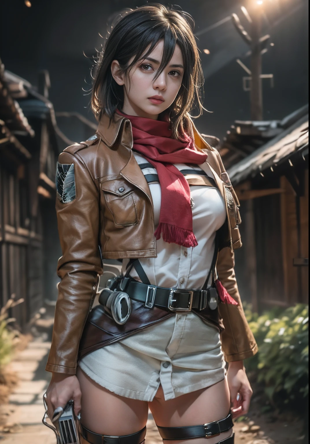 Imagem de Mikasa Ackeman de ((corpo inteiro)), with a red scarf and a brown jacket posing, from attack on titan, gama murata e artgerm, Artgerm extremamente detalhado, menina anime sedutora, Estilo Artgerm, mulher bonita sedutora, (1girl em)、(realisitic)、( fotorrealista:1.5)、Batomornsardas、cabelos pretos, 8k UHD、(filmgrain) extremamente delicado e bonito、8k, alta qualidade、alta resolução, ju、ighly detalhado、((Durante a noite))、(brilho da luz da lua) 、belos olhos detalhados、 olhos e rosto extremamente detalhados、obra prima、(lighting like a movie)、(pele de alto detalhe:1.2)、8k UHD、Digital SLR、a strong illumination of fire、alta qualidade、filmgrain、obra prima, qualidade superior, alta qualidade, alta resolução, ((muito nitido)), Photo taken with long-range professional camera, alta qualidade, preservar face, sensual, (NSFW: 1.5)