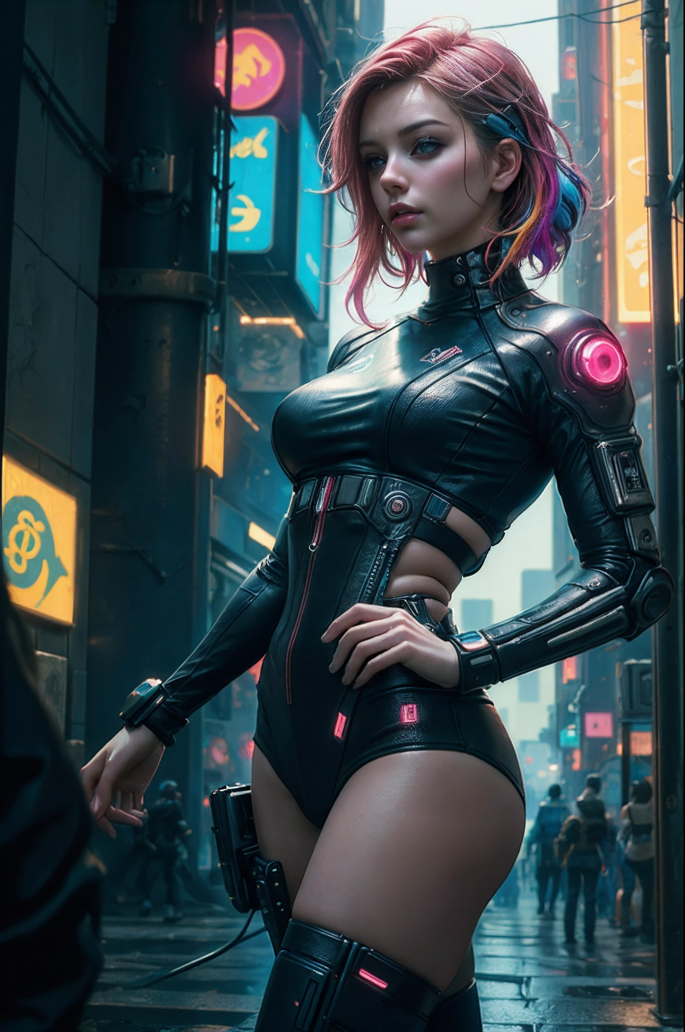 (Photorealistic:1.4) Images of cyberpunk girls, (top-quality, 8K, 32K, masutepiece), (Dynamic Pose), ((Facing Camera)), (looking in camera), Cowboy Shot, shapeless hair, Colorful hair, Colorful cyberpunk clothes, Depth of field f/1.8, Cyberpunk city background, Cinematic lighting.14years