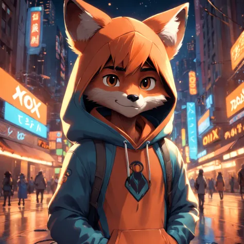 Pixar movie-style 20s adorable fox, wearing a hood, cinematic lighting, depth sensing, hyper detailed, 8k quality. One hand crossed the hundred，male upper body, best quality, human-like body figure), looking at viewer in dark orange sweatshirt and sunglass...