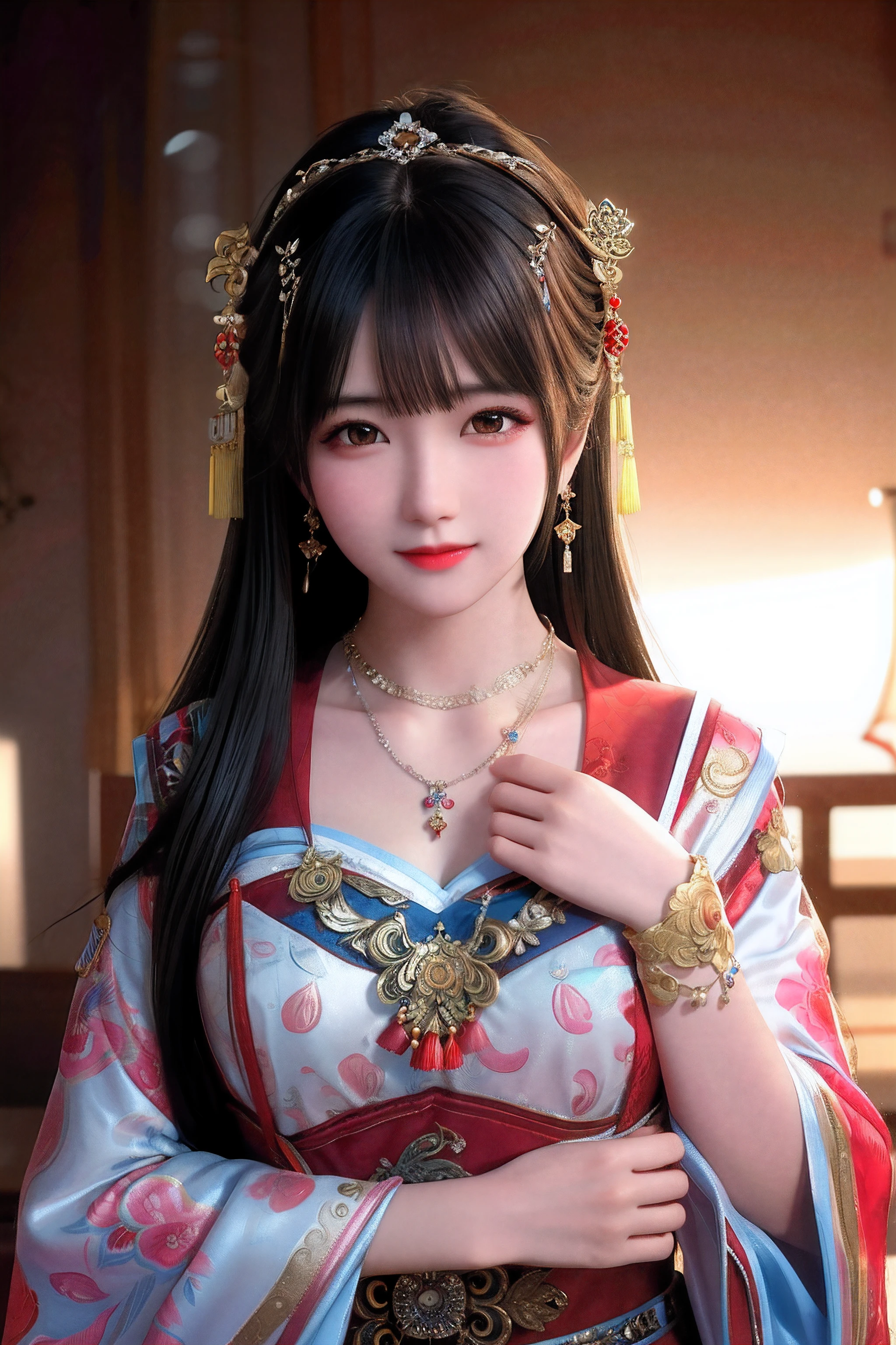 Best quality, masterpiece, high, 1 girl, chinese dress, hair ornament, necklace, jewelry, pretty face, on body, tyndall effect, realistic photo, dark studio, edge lighting, two-color light, (highly detailed skin:1.2), 8k uhd, dslr, soft light, high quality, volumetric light, straightforward, photo, high resolution, 4k, 8k, bokeh,