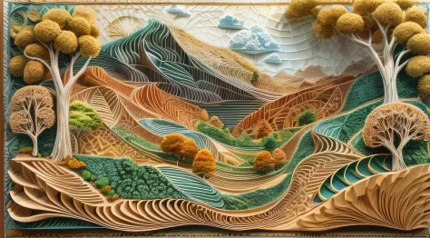 isometry，Sand table model，in fall，with blue sky and white clouds，Green Mountains and Green Water，terraced，bumper harvest，White background，paper art，a 3D render，extremely detaile, (zentangle:1.2), (geomerty:1.2)，Cinematic lighting effects，4K，Masterpiece，off...