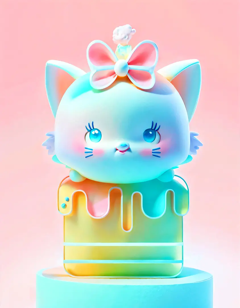 microcosm， Pink sandwich cake，Above is the cute Matsumatsu Mary cat，Isometric view of cute kawaii keyboard， （blue colors， white colors）， Comfortable and soft， lighting particle， Dynamic light effects， A futuristic， incredibily detailed， Super resolution cu...