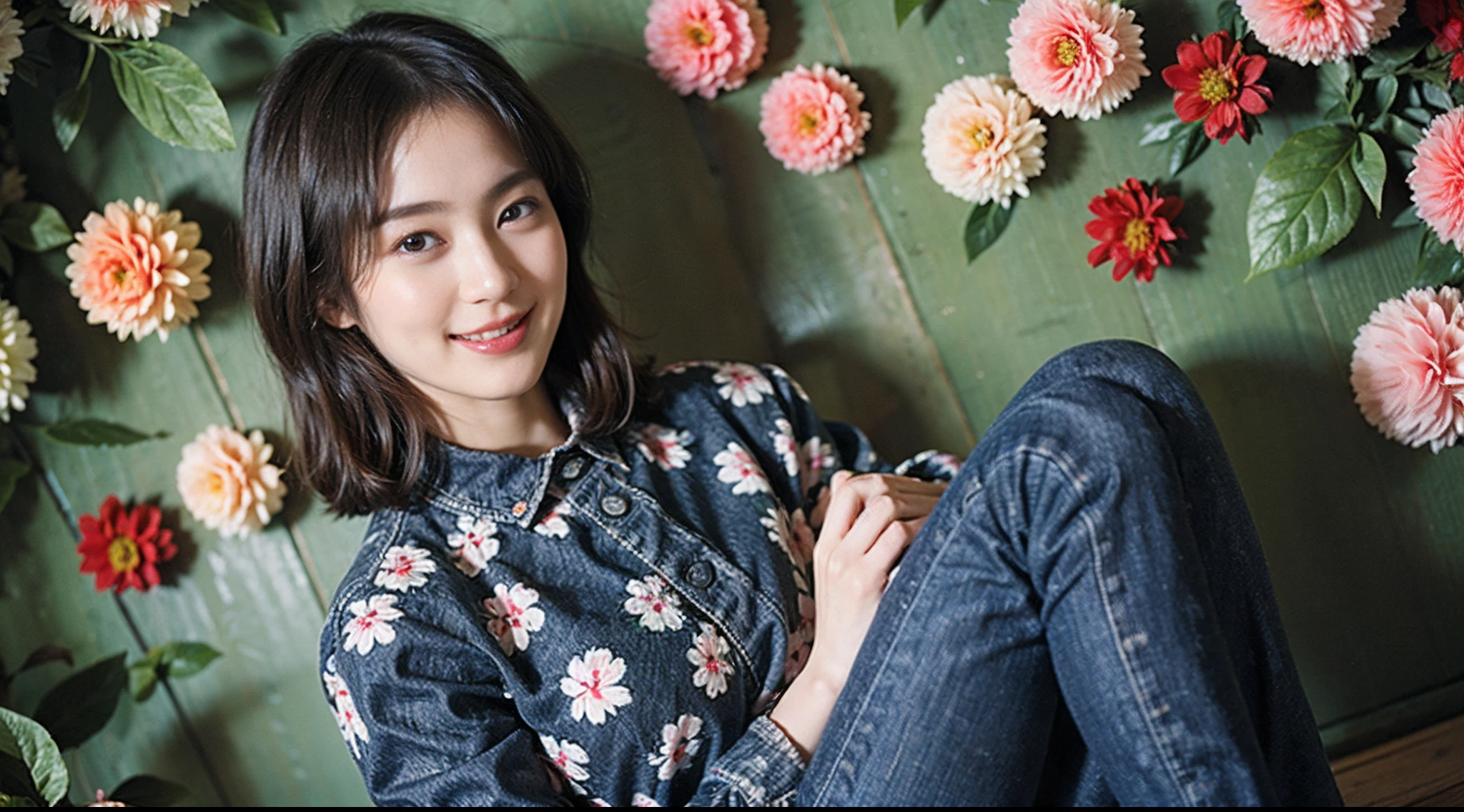 (masutepiece)、((High-quality photos))、ultra-detailliert、((1beautiful woman))、((Jeans - Wear jeans))、((Long sleeve shirt with floral pattern))、((Black Shorthair))、((A slight smil)))、((Breast))、paprika