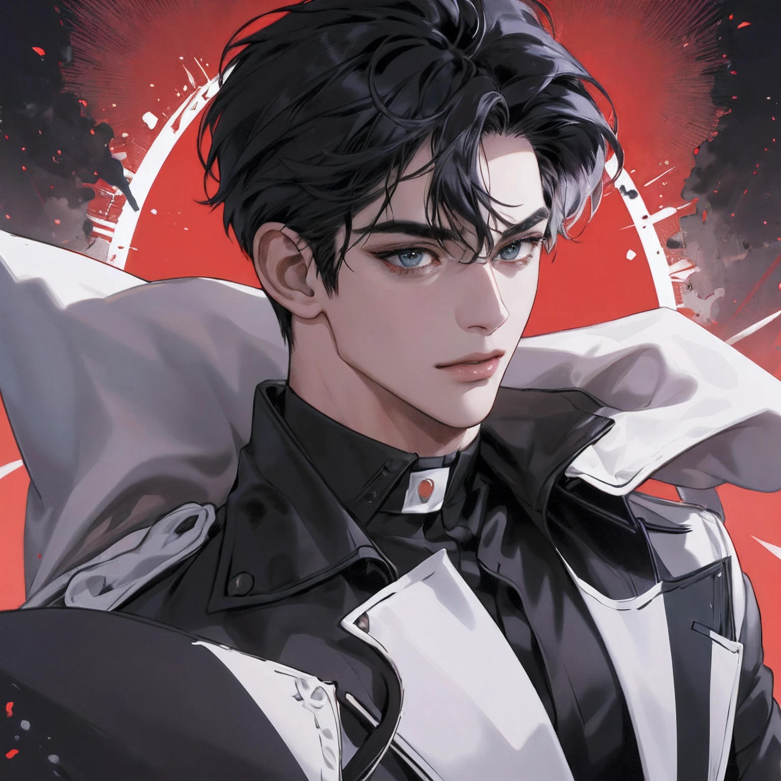 extremely detailed ,tall and extremely handsome athletic man,shadow anime figure, (wearing a detailed black suit), beautiful shiny black eyes, short black hair, many rays, 4k, volumetic,cinematic lighting, counting dollar, money, Contar money, with bills