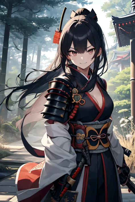 Beautiful Japan scenery spreads out on the battlefield of the Edo period、Sexy female samurai standing。 The charming samurai wear...