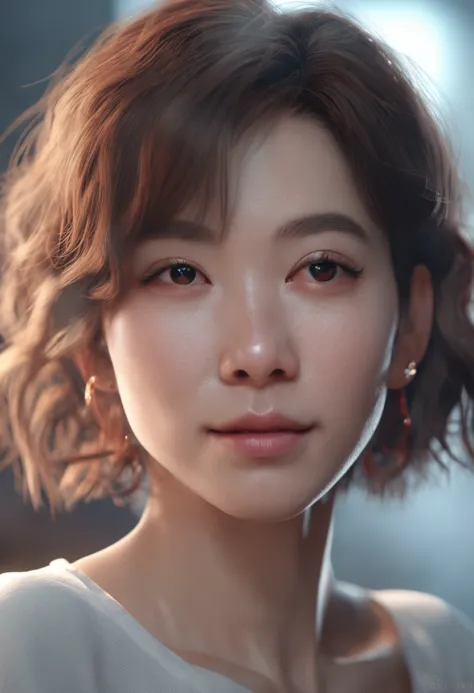 Allard woman in a plain white shirt, Semi-body shot, in a mall, a photorealistic painting inspired by Yanjun Cheng, Trend of CGsociety, Realism, Soft portrait shot 8 K, girl cute-fine face, with short hair, portrait cute-fine-face, Kawaii realistic portrai...