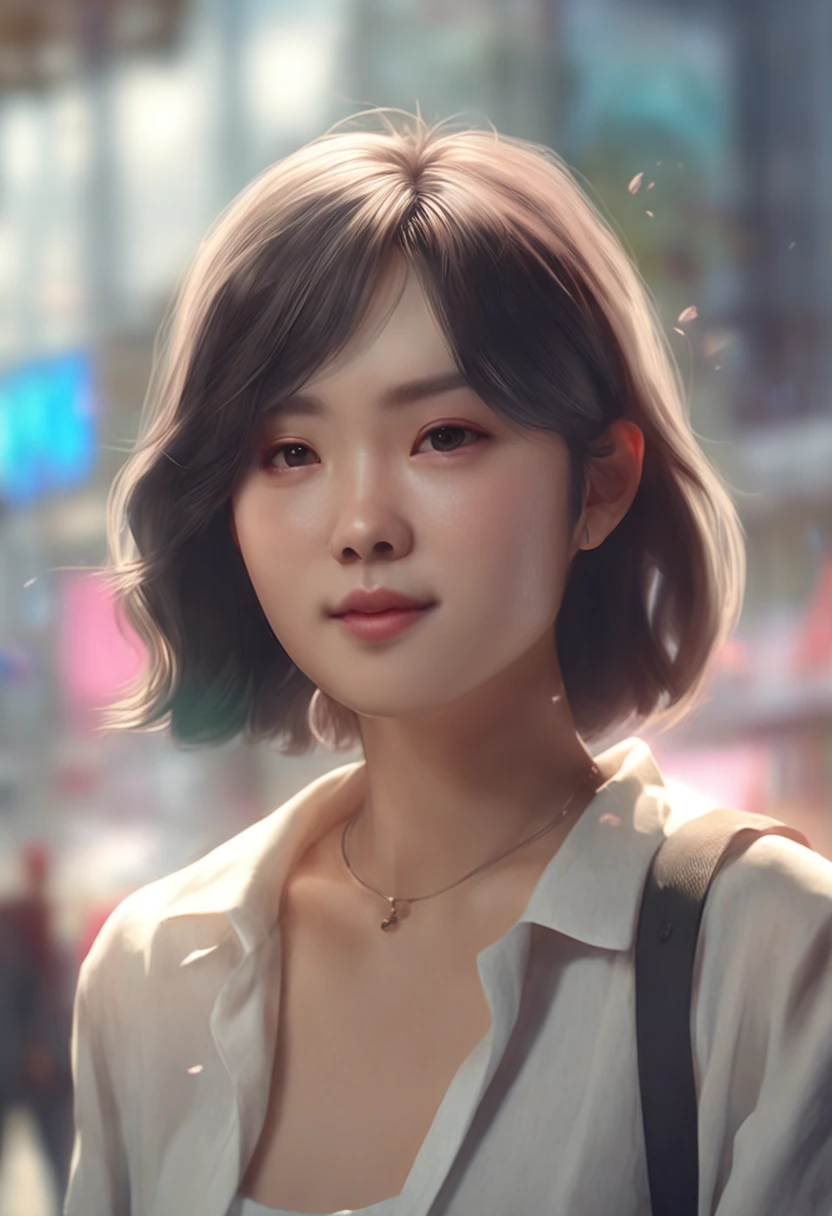 Allard woman in a plain white shirt, Semi-body shot, in a mall, a photorealistic painting inspired by Yanjun Cheng, Trend of CGsociety, Realism, Soft portrait shot 8 K, girl cute-fine face, with short hair, portrait cute-fine-face, Kawaii realistic portrait, Rendu portrait 8k, young cute wan asian face, Realistic. Cheng Yi