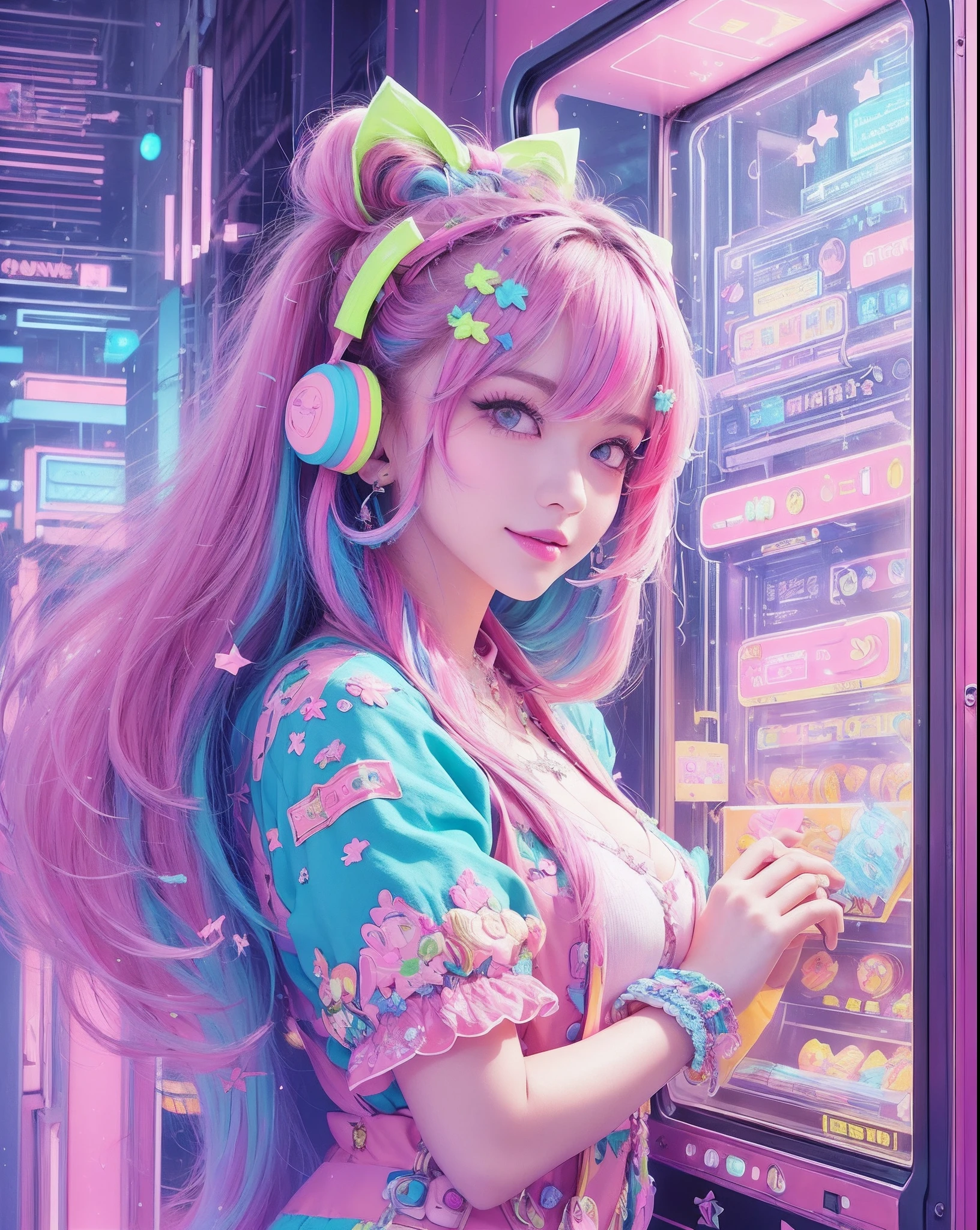 (masterpiece, top quality, best quality, official art, beautiful and aesthetic:1.2), (photoreal:1.5), BREAK 1 girl with a bunch of candy and a candy machine in her hand and a pink background with stars, upper body,smiling break Alice Prin, photo, a detailed painting, pop surrealism, (neon color hair:1.5),strong wind,giant marshmallow candy machine break needlework, intricate designs, textile art, handmade details, creative expression, colorful threads, cyberpunk, neo-dada BREAK