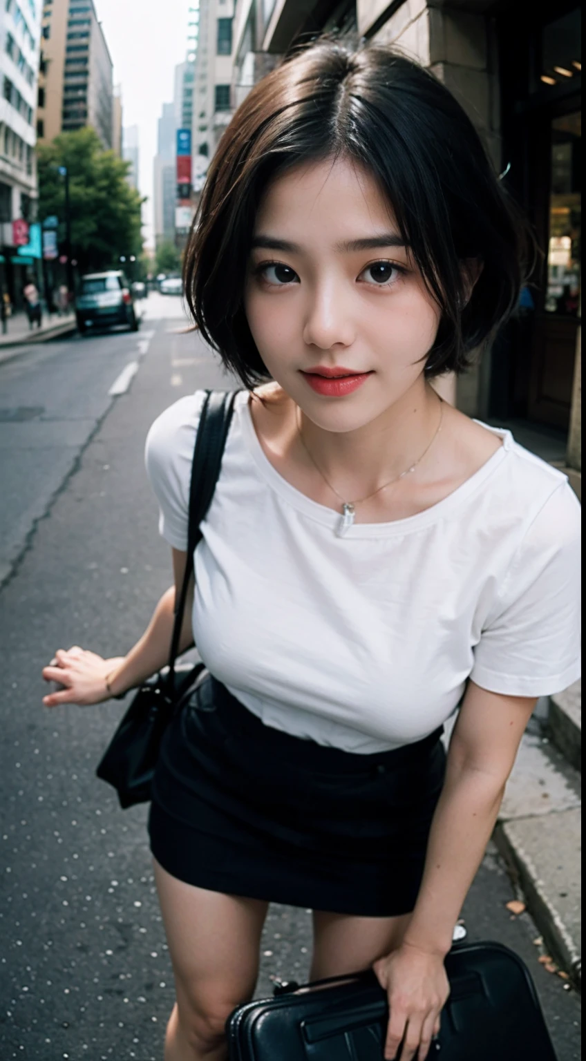 teens girl，Camera in hand，Hand forward，（Suitcase），gentle and cute，short  detailed hair，the city street，Fisheye view，sex - SeaArt AI