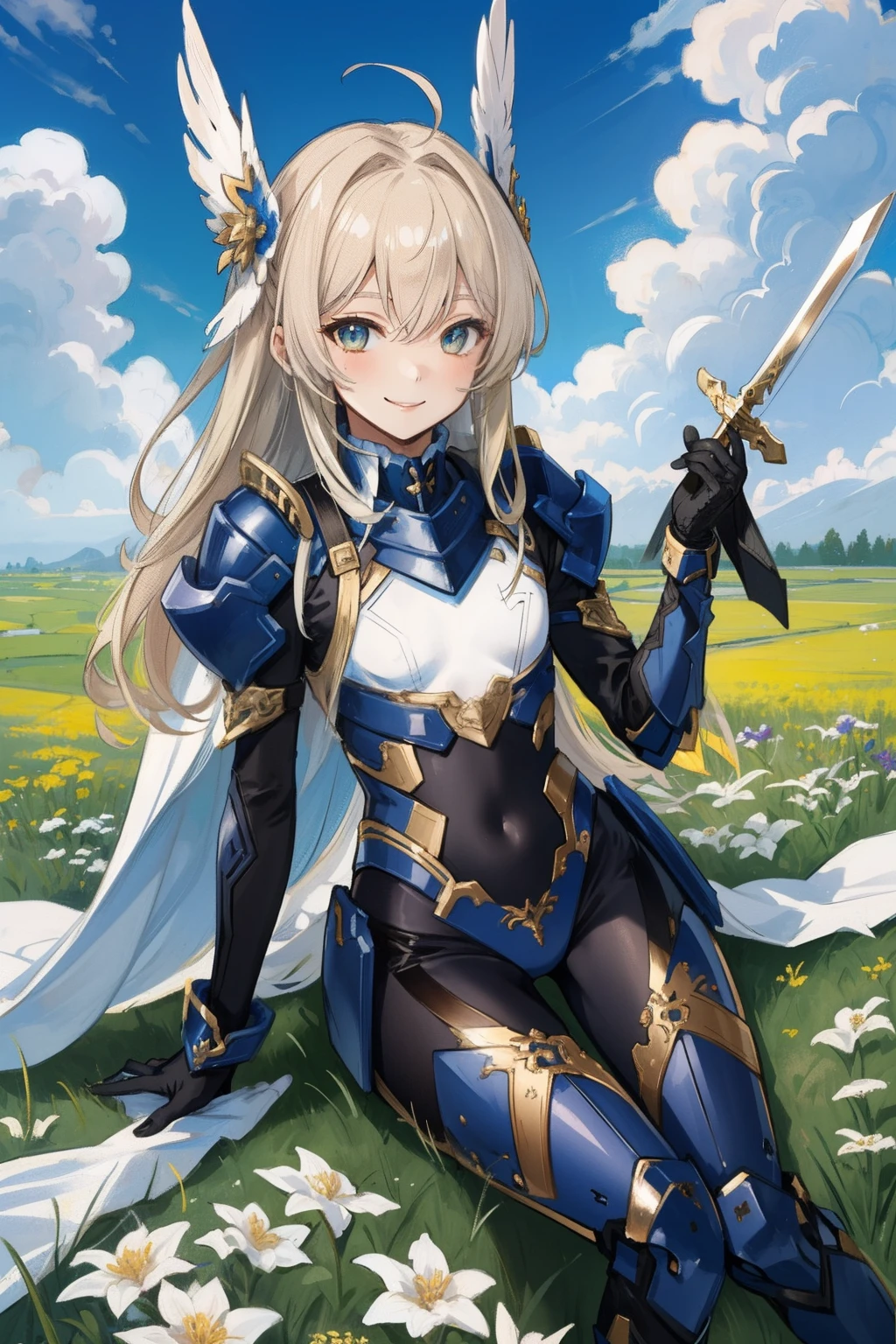 (​master piece, Best Quality),  Intricate details, valkyrie, (((beaming smile))), Hand up, Looking at Viewer, Feather Headgear, Flower meadow, (((flat breast)))  on top of the clouds, sitting
1 girl in, Solo, Portrait, ash Blonde Hair, drooping  eyes, Single Thigh, Independent Single Sleeve, gloves, 
 mecha musume, bodysuit, Reinforced Suit, Mini Feather Wings, pantyhose, full armor, flower decoration, equip sword,