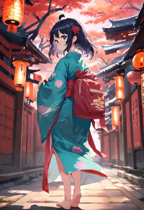 Anime girl wearing a kimono carrying a large backpack Onmyoji Enyukami
