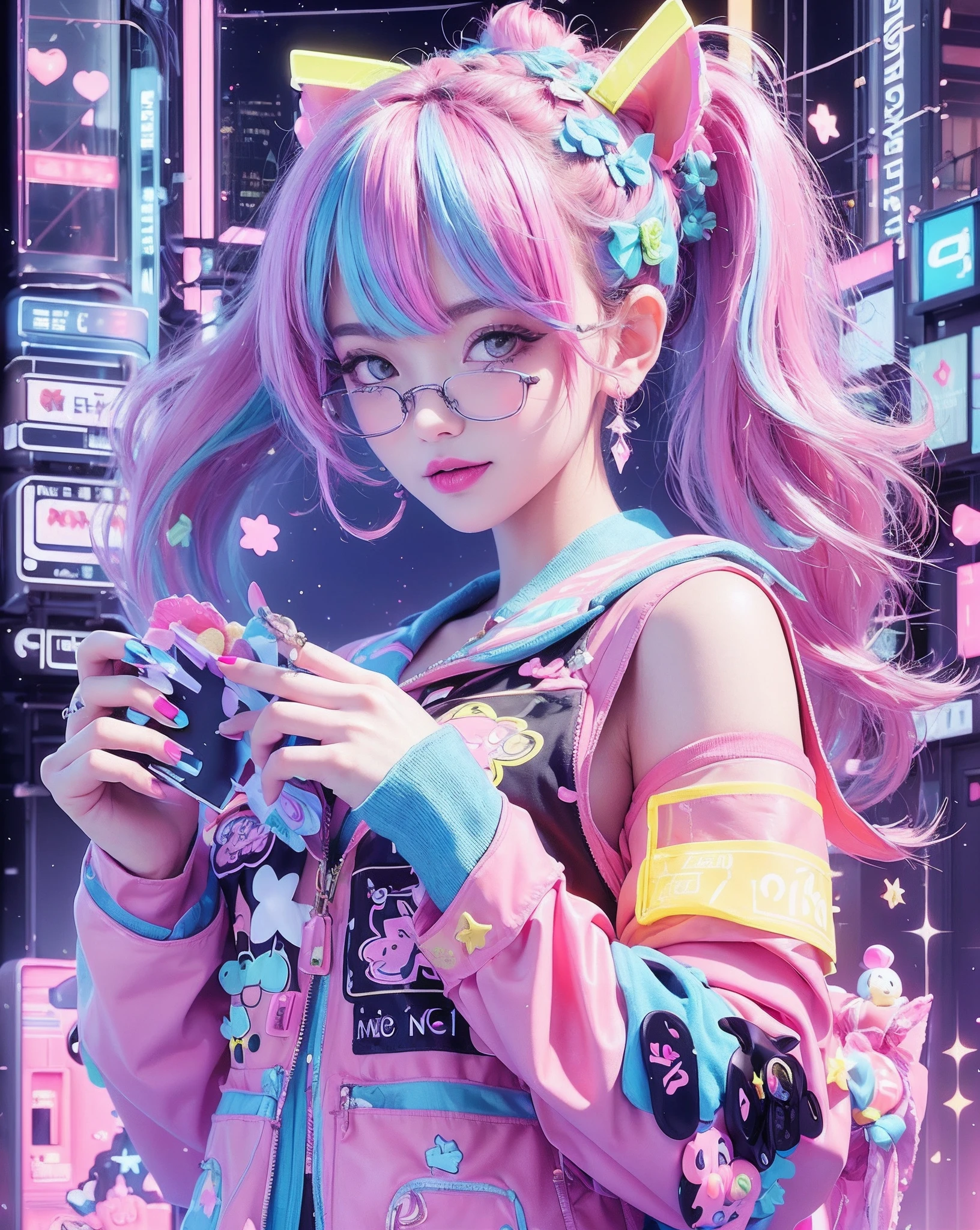 (masterpiece, top quality, best quality, official art, beautiful and aesthetic:1.2), (photoreal:1.5), BREAK 1 girl with a bunch of candy and a candy machine in her hand and a pink background with stars, upper body,smiling break Alice Prin, photo, a detailed painting, pop surrealism, (neon color hair:1.5),strong wind,giant marshmallow candy machine break needlework, intricate designs, textile art, handmade details, creative expression, colorful threads, cyberpunk, neo-dada BREAK