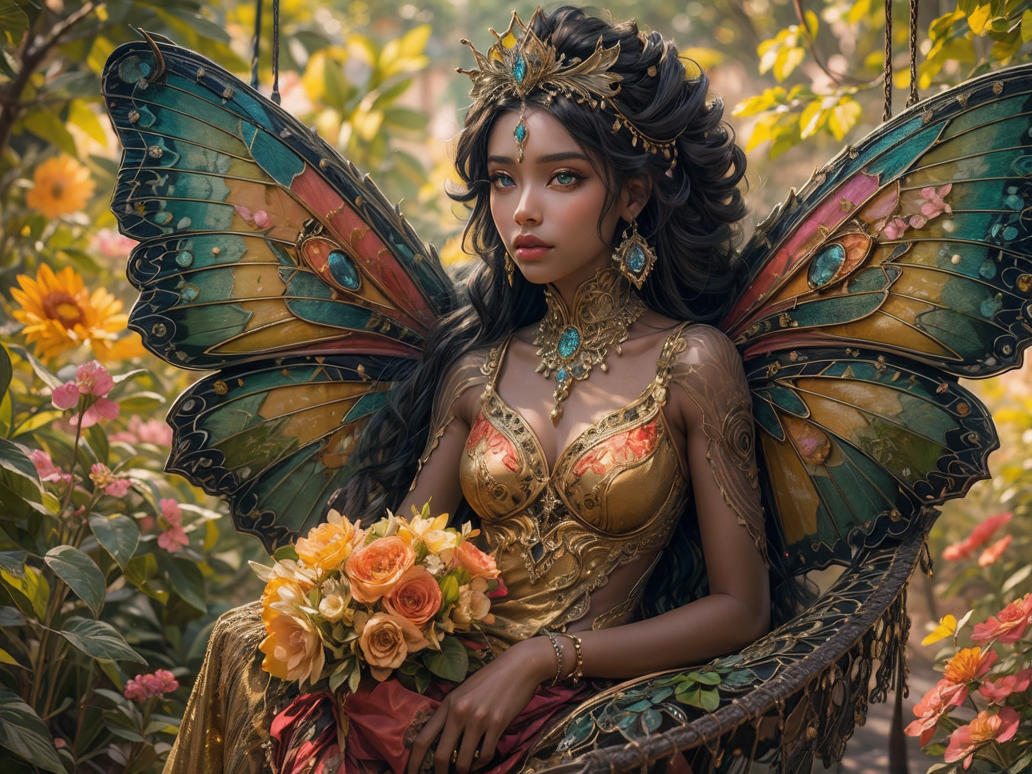 This is an elegant and ornate fantasy masterpiece with a lot of shimmer, glitter, and intricate ornate detail. Generate a petite Jamaican woman resting on a gilded and flowered garden swing at night. Her eyes are ultra-detailed with intricate realistic shading and bold, bright hues. She is a beautiful and seductive butterfly queen with stunning curly black hair, (((incredibly realistic and detailed dynamic eyes in bright colors with realistic shading))). She wears a delicate and elegant crown and a gown spun from luxurious gossamer silk and satin with subtle, intricate, and hand-embroidered bodice detailing as well as subtle floral detailing and gold silk butterfly sleeves. Her face is lovely and . Include glow-in-the-dark flowers, lots of particles, highly realistic fantasy butterflies with translucent jewel-toned wings and fine detailing, and glow. The artwork is done in the style of Guviz and brings to mind masters in the genre such as trending fantasy works on Artstation and Midjourney. Camera: Utilize dynamic composition techniques to emphasize etherealness and delicate detail. The colors in this artwork are saturated, romantic, and rich.