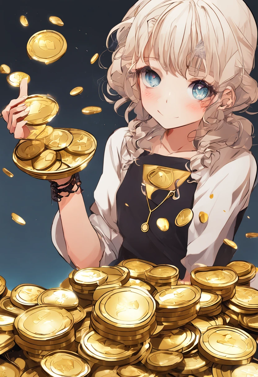 Anime girl holding a bowl of gold coins in her hand,super-fine - SeaArt AI