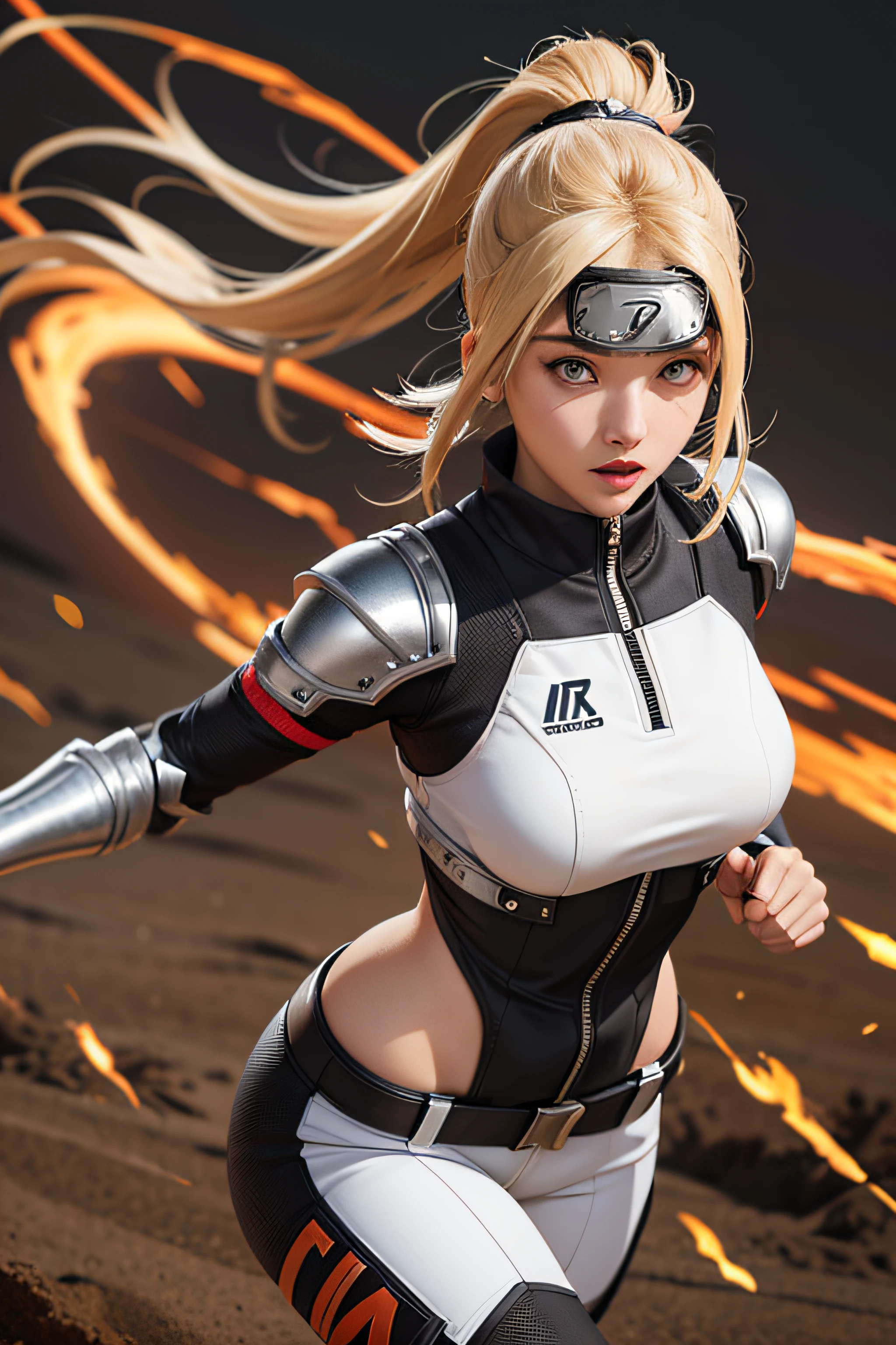 beautiful woman in armor, Naruto style, fully body,  Dynamic camera angle, realisic skin, realistic hands, perfect hands,