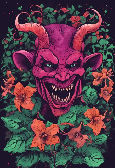 Devil's flower with a sinister shape, poisonous flower, poison, tree, vine, ivy, leaf, flower, purple background, green, anime illustration, watercolor illustration, dark color,