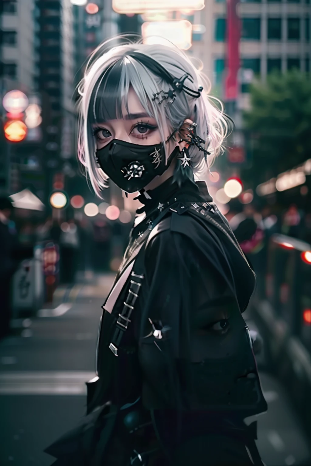 goth_punk, 1girl, solo, medium shot, walking in harajuku, ((night time)), bokeh, neon light, iridescent eyes, starry sky, white shimmer hair, white eyebrow, glowing hair, (iridescent white hair), earrings, bangs, jewelry, mask, blunt bangs, green eyes, mouth mask, blurry background, blurry, hair ornament, looking at viewer, short hair, portrait, sidelocks