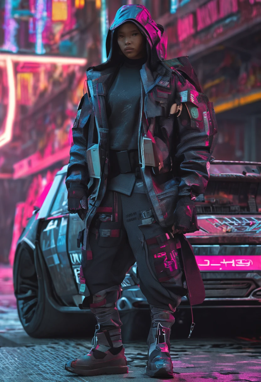 cyberpunk techwear streetwear look and clothes, we can see them from feet to head, highly detailed and intricate, golden ratio, vibrant colors, hypermaximalist, futuristic, cyberpunk setting, luxury, elite, cinematic, techwear fashion, Errolson Hugh, Nike ACG, Yohji Yamamoto, Y3, ACRNYM, matte painting --w 2176 --h 3840 --iw 1.5